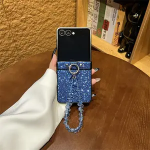 Senior Korean Glitter Blue Phone Case with Crystal Bracelet Chain for Samsung Galaxy ZFlip7 flip7 ZFlip6 flip5 Z Flip4 Cover