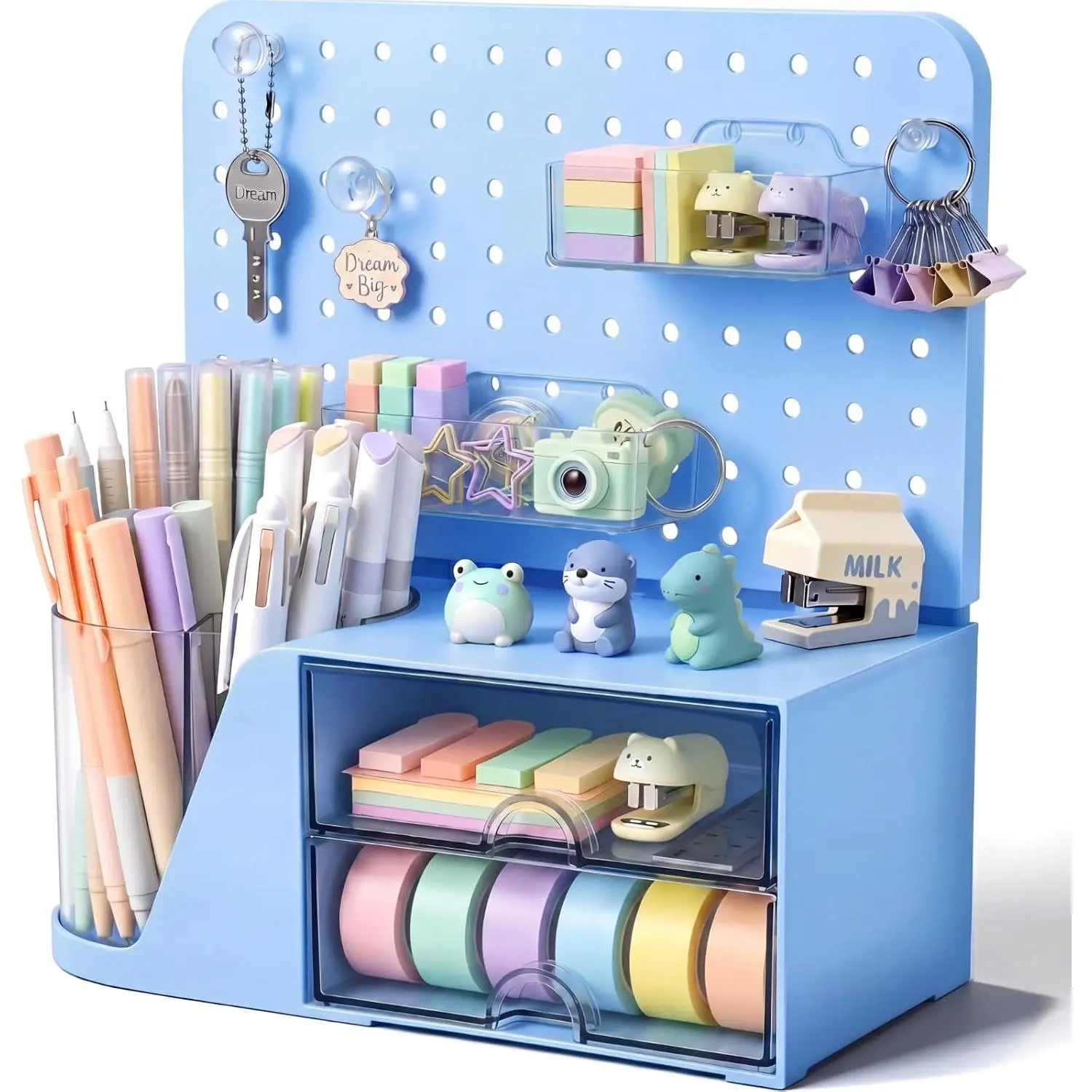 Desk Organizer with Drawers, Rotating Pen Holder with 5 Slots & Pegboard,  to School &  of School Gifts, Multifunctional Desktop Storage for Desk  Office Supplies(Blue)