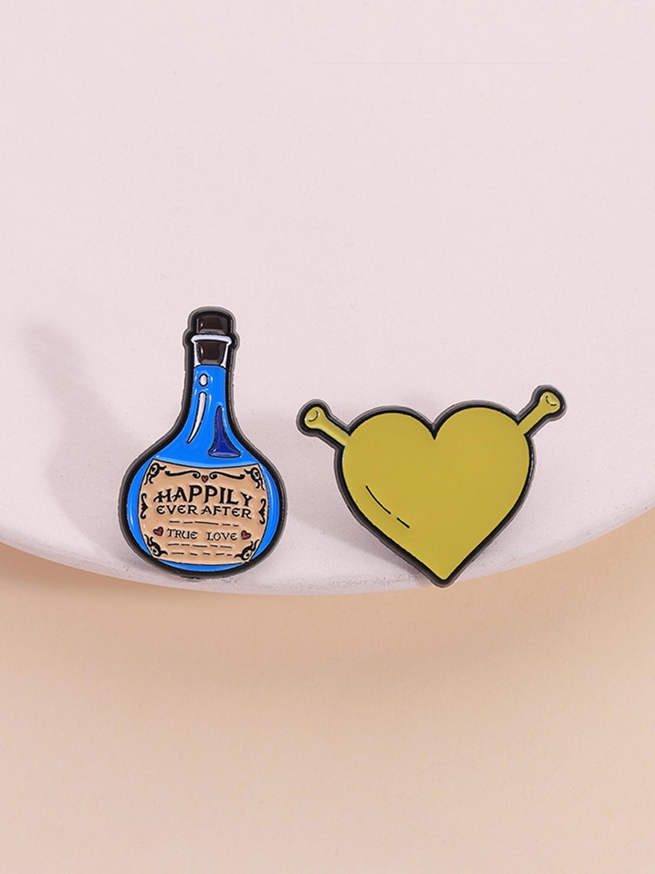 2pcs/set Shrek Enamel Pins Cartoon Green Monster Animation Perimeter Happiness Potion Green Heart Metal Brooches Lapel Backpack Badge Fashion Jewelry Accessories Gifts for Kids Friends