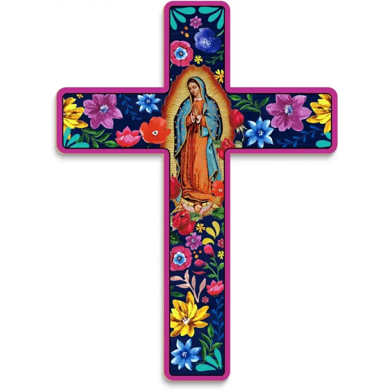 Putuo Decor Floral Cross Wall Decor Hand-Painted Wooden Inspirational Cross Spanish Style Wall Cross Decoration Mexican Art Wall Cross Home Room Church Decor Religious Decorations Crosses Wall Decor