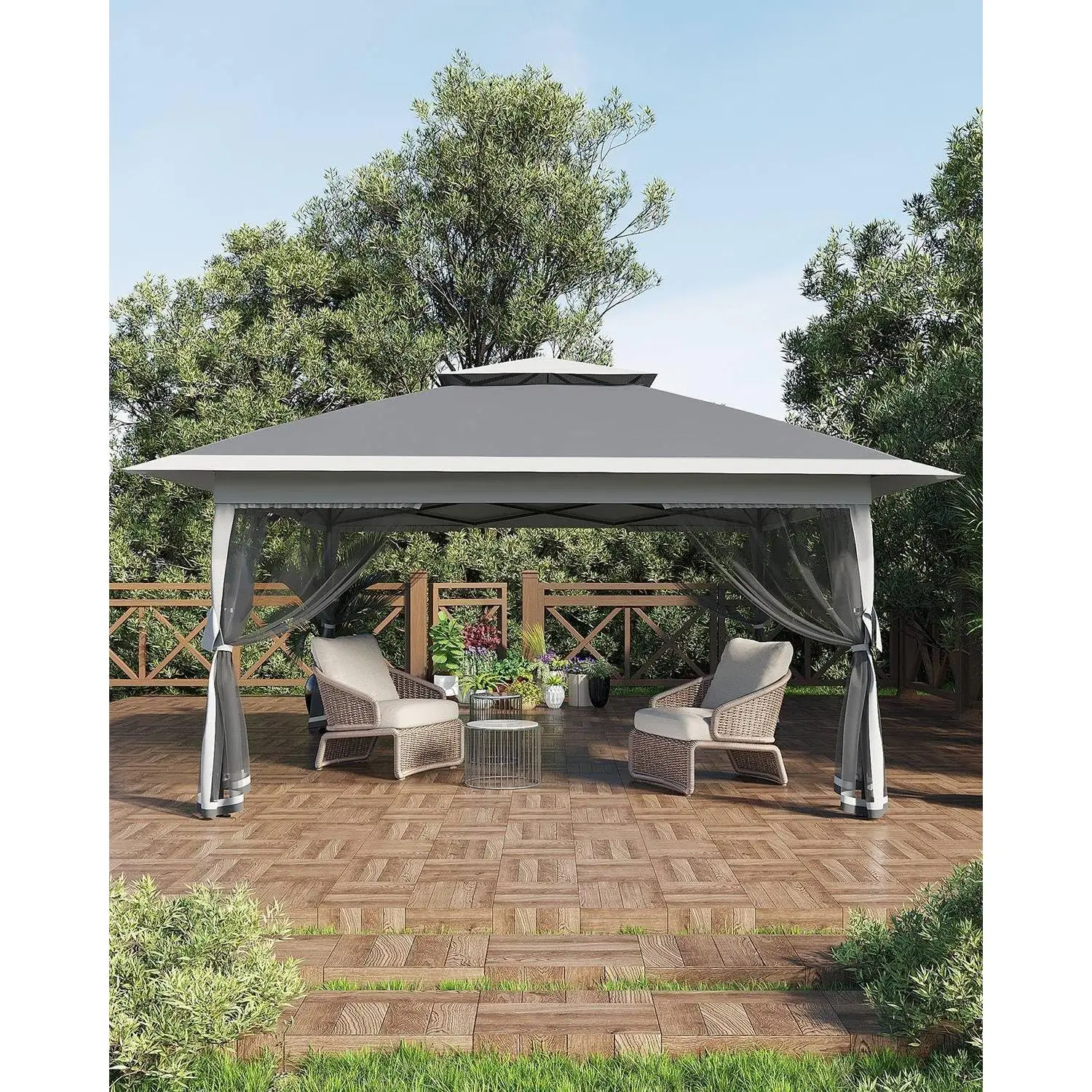 12x12 ft Pop Up Canopy Tent with One-Push Setup, Mosquito Netting & 4 Sandbags – Height Adjustable Gazebo for Backyard Parties & BBQs