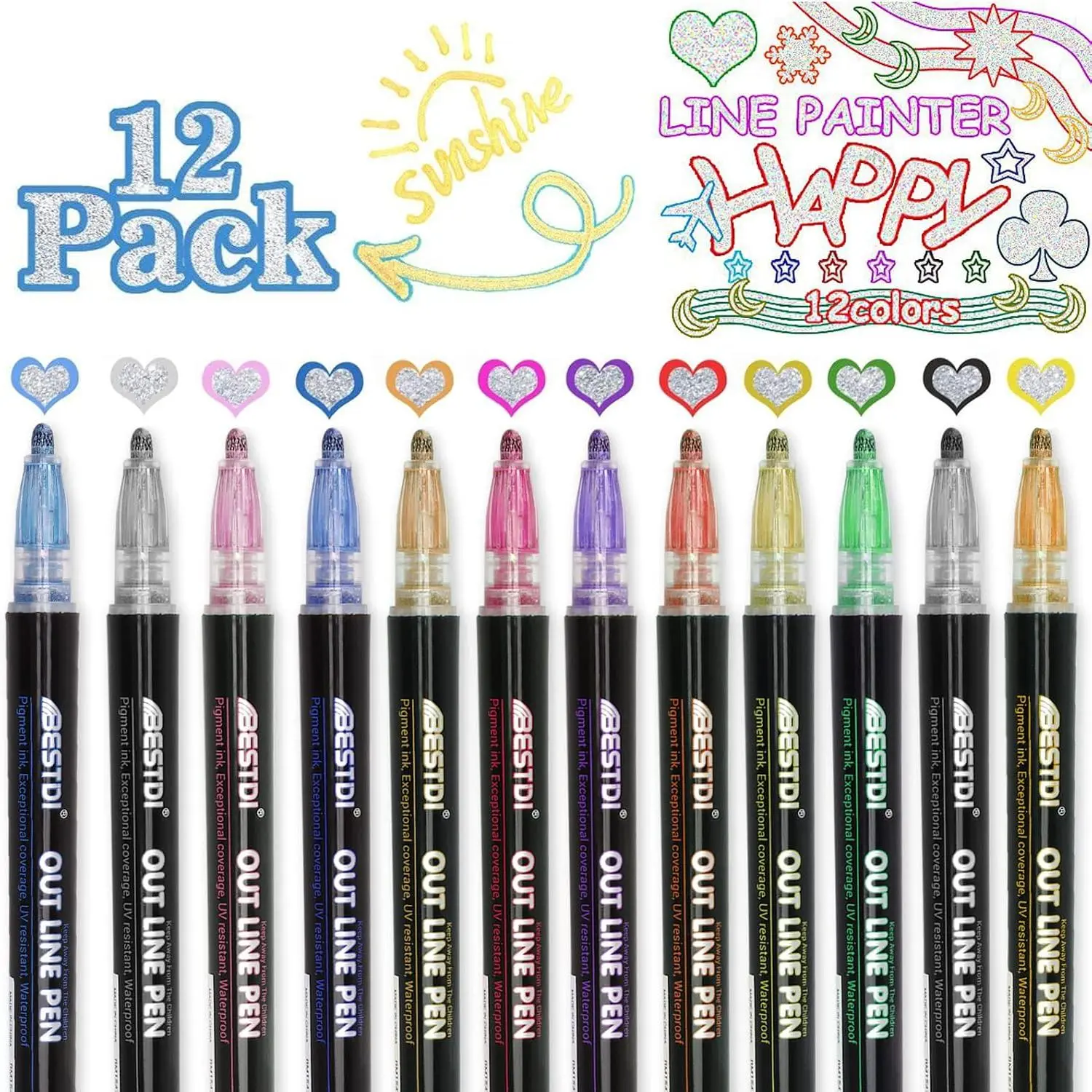 12Colors Shimmer Markers, Super Squiggles Outline Markers, Outline Markers Self-outline Metallic Markers, Shimmer Markers for Painting Drawing