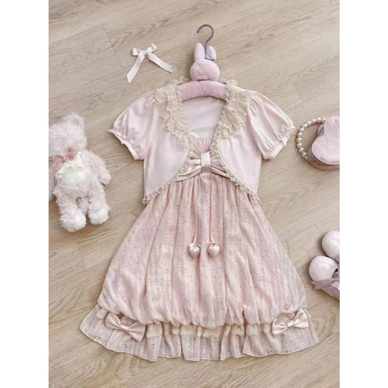 Sweet Daily Lolita Suits Women Japanese Retro Kawaii Tops Lace Mini Dress 2 Piece Sets Y2k Preppy Outfits