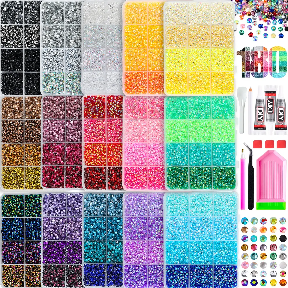 1Set 180 Colors Innovative Colorful Series Semi-circular Bling Nail Rhinestones Bedazzling Kit 3mm Dopamine Colored Flatback Resin Crystal Nail Gems Diamond Jewelry DIY Holiday Gift Hairpin Nails Materials
