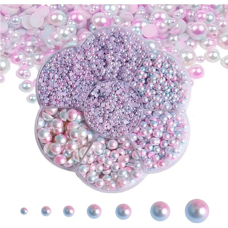 5600 Pcs Flatback Pearls Large Set - 7 Mixed Sizes Half Round Glue-On Gems, Light Mermaid AB Color, High-Quality ABS for Nail Art, DIY Crafts - Includes Tweezers, Creative Fun Nail Art Decoration Accessory