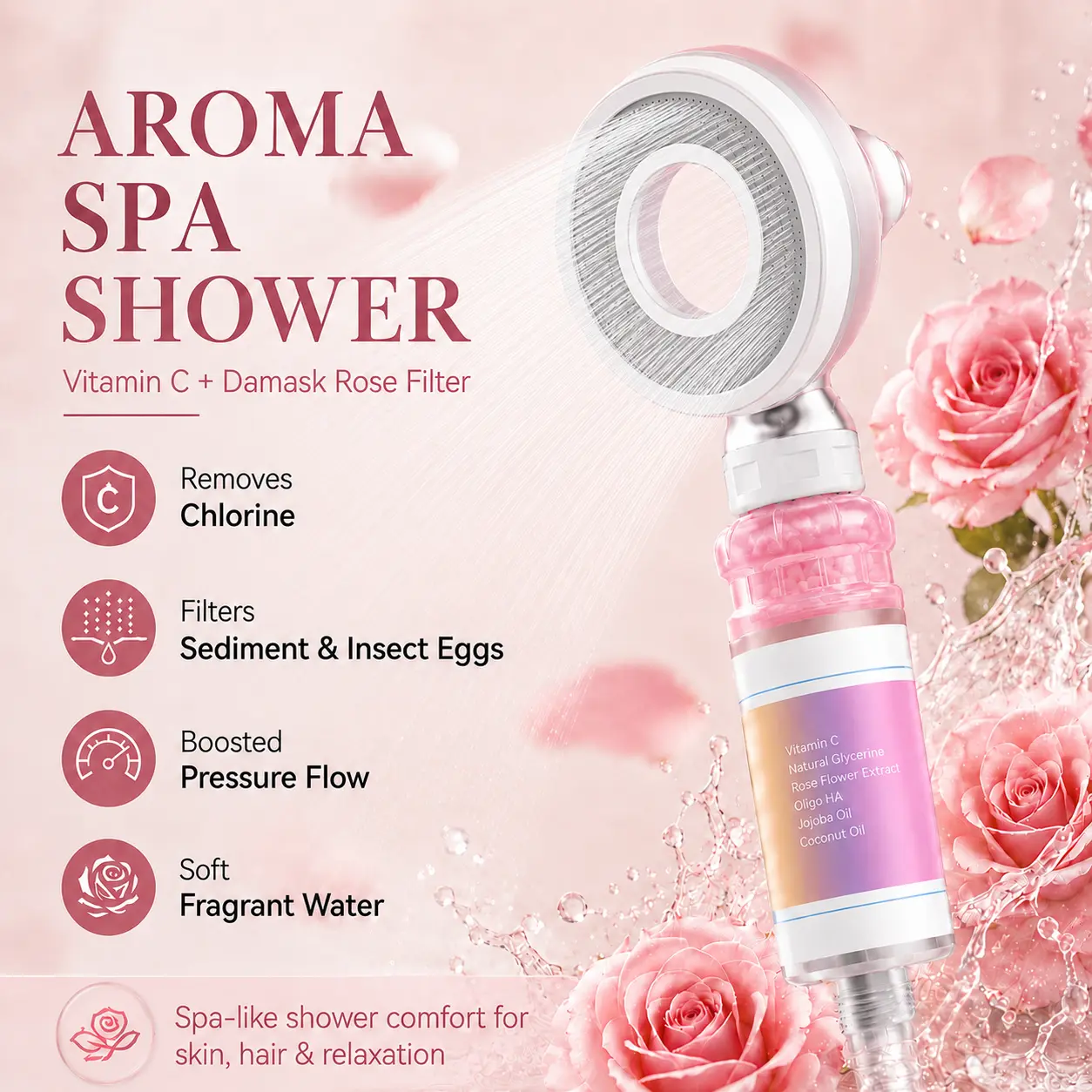 Fragrant water purification filter shower head, pressurized VC aromatherapy dechlorination, skin and hair care shower head, bathing accessory