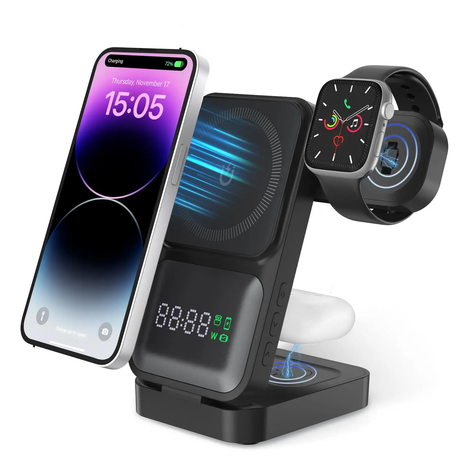 S1-A Foldable 3-in-1 Magnetic Wireless Charging Station with Digital Clock for iPhone, Apple Watch & AirPods