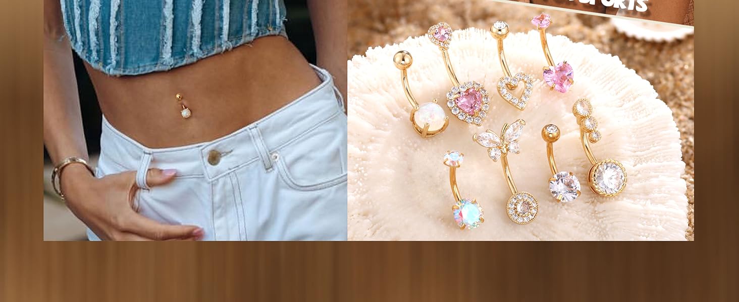 Shiny Pink Heart Belly Button Ring Piercing Jewelry 8Pcs 14G Surgical Stainless Steel Navel Piercing Jewelry Hypoallergenic Cute Opal Butterfly Belly Button Rings for Women