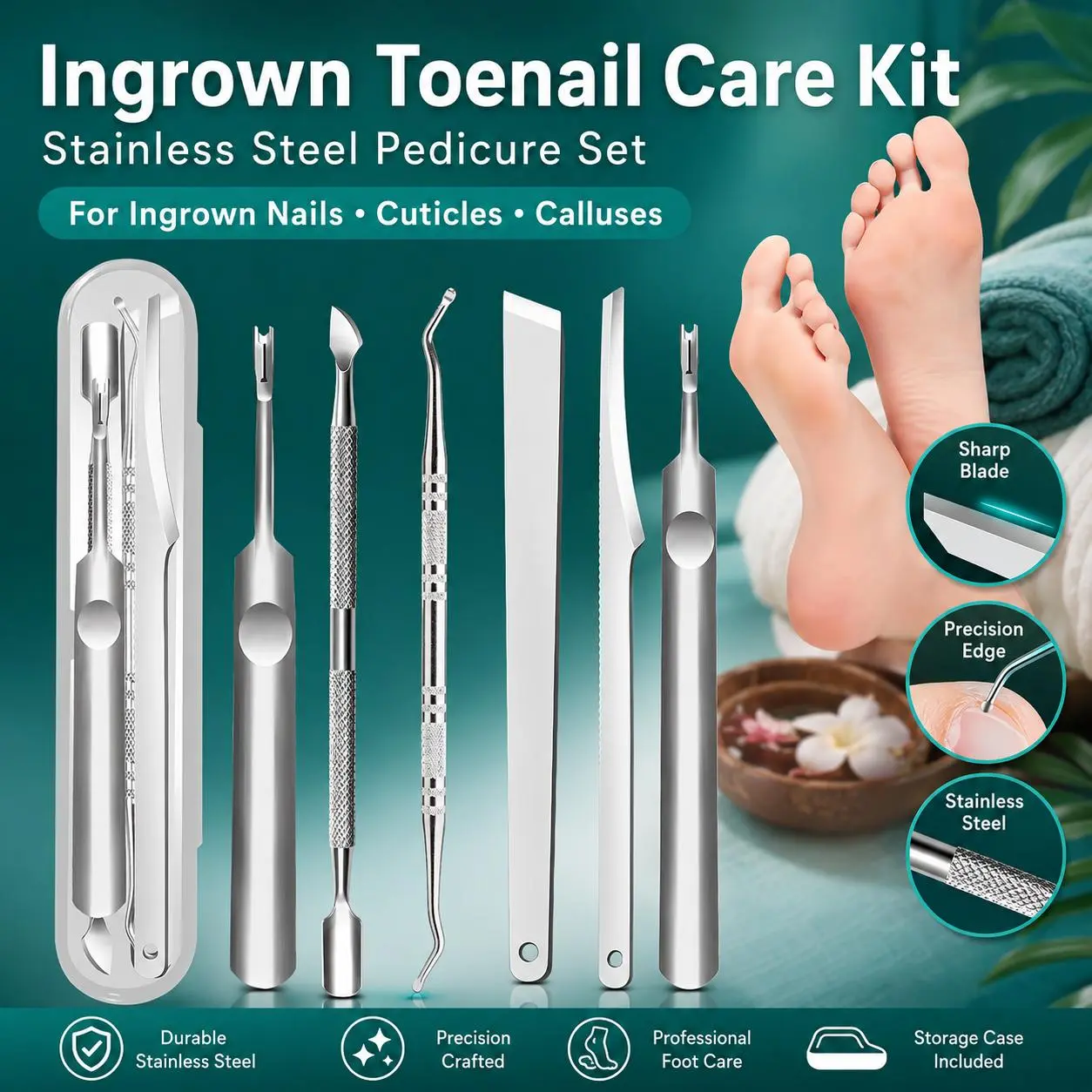Stainless Steel Ingrown Toenail Pedicure Tool Kit for Dead Skin & Calluses, Nail Care Supplies for Toenail & Cuticle Care (Elderly-Focused), Nail Care Kit, Cuticle Care Kit