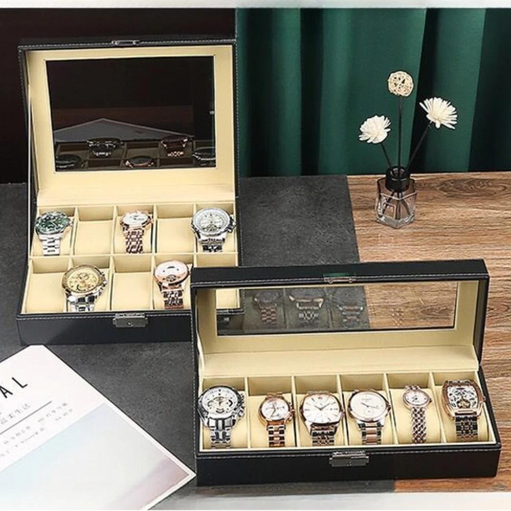 Multi-Slot Watch Display Case Organizer Box, Lockable PU Leather Storage Holder for Men & Women Watches, Durable & Stylish Design