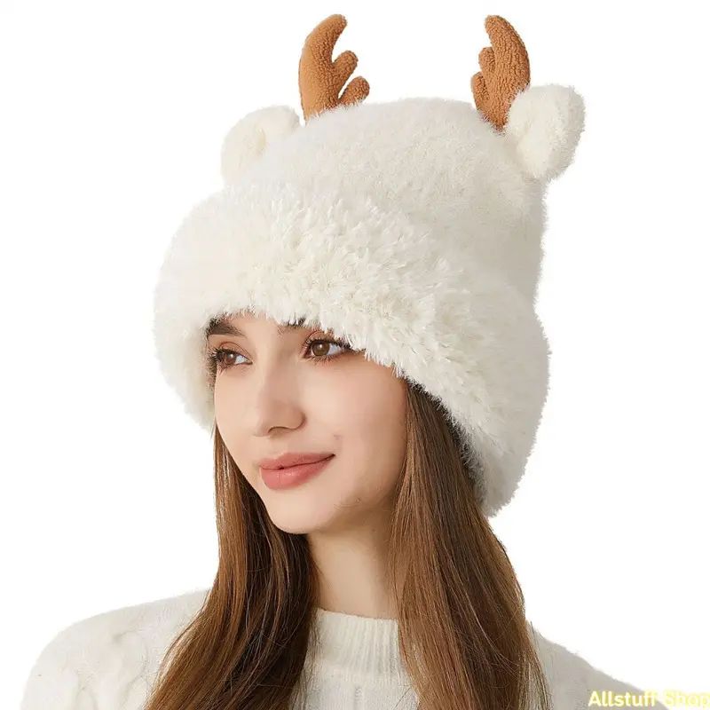Cute ear-flap hat with antler decorations, stylish knit hat, trendy casual hat, thickened warm knit hat for autumn and winter, unisex fashion accessory, animal-themed hat.