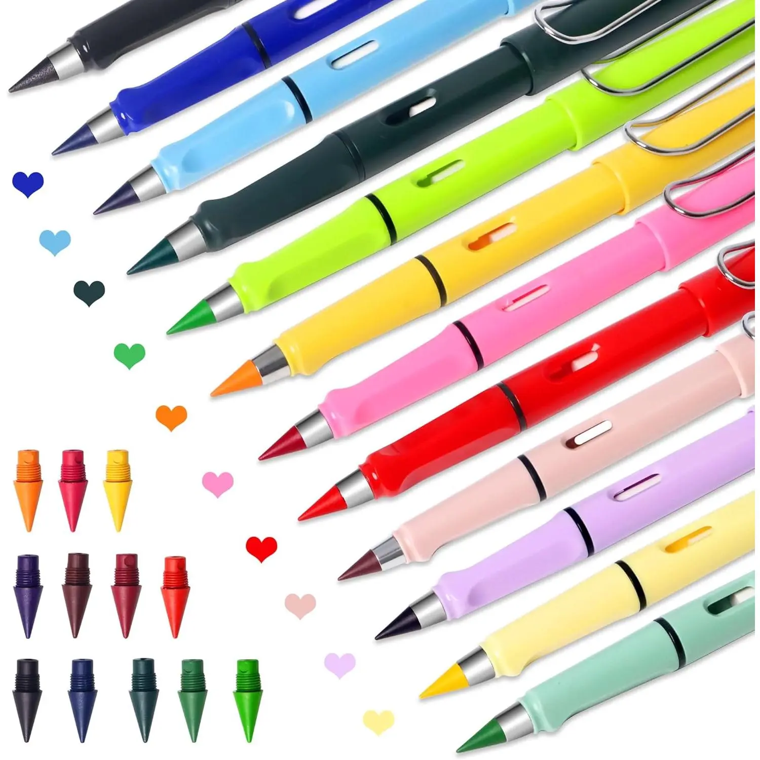 12 Colors Forever Pencil with Erase - Long Lasting Writing Infinity Pen with Extra 12 Replaceable Heads, Never Sharpen Everlasting Inkless Pencil  Sketch, Drawing, School Supplies