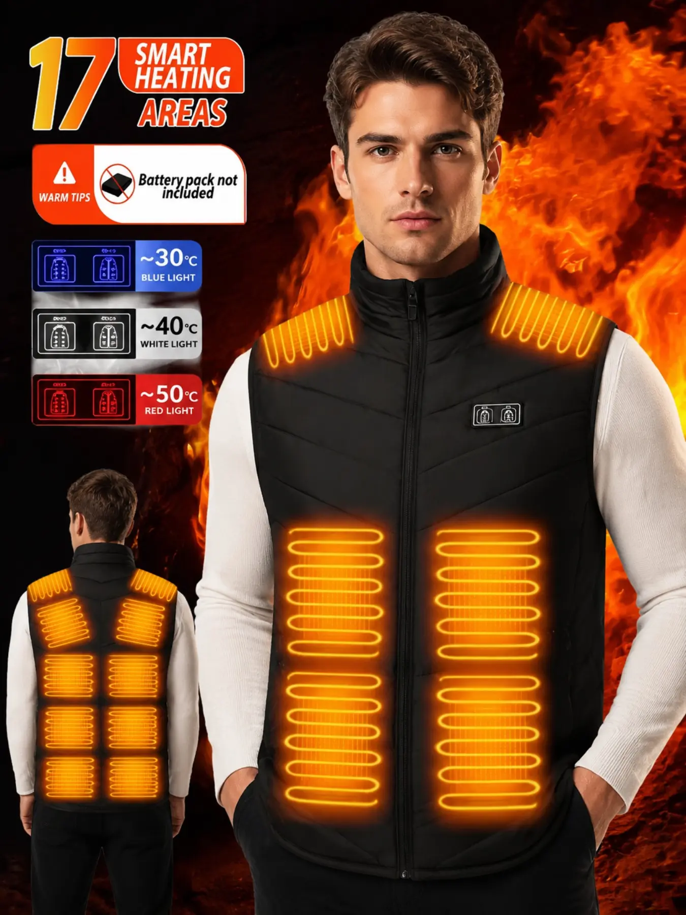 Men's Heated Vest, Couples' Model, 17-Zone Heating, Independent Temperature Control, Outdoor Sports, USB Charging, 3 Heat Modes