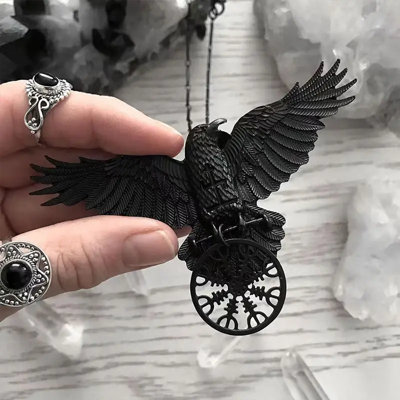 Vintage Viking Black Raven Pendant Necklace with Nordic Odin's Crow Rune Bead Totem, Leather Rope Chain, Amulet Charm for Men's Gothic Punk Streetwear, Halloween Cosplay Gift