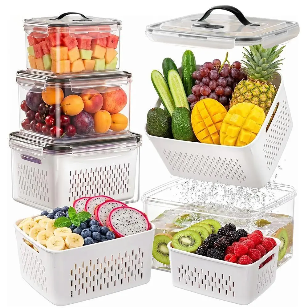 4Pack Stackable PP Plastic Fridge Organizer Containers - Drain & Store Dry, Multi-Size, Varied Capacity, Portable with Handle, for Fruit, Salad, Meat - Fridge Storage Solutions