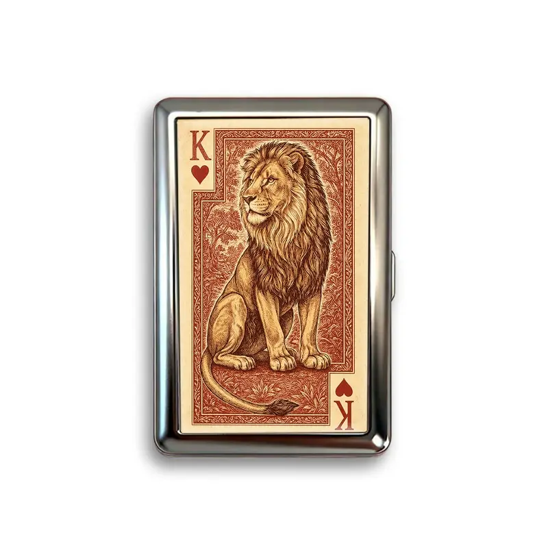 Vintage Lion King Playing Card Metal Holder, Royal Engraving Style Stainless Steel Business Card Case, Portable Pocket Organizer
