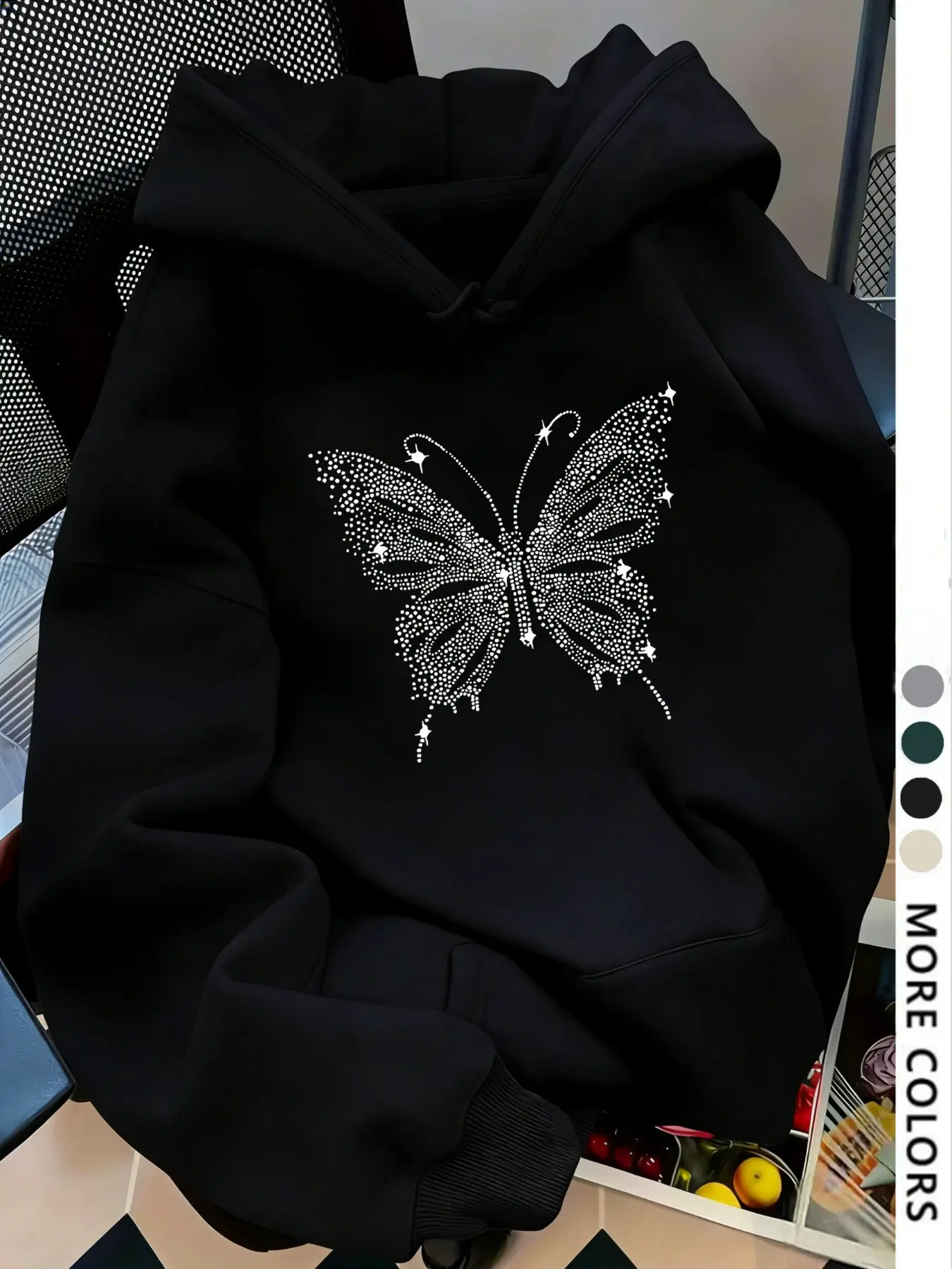 Women's Dropped Shoulder Loose Long Sleeve Hoodie, Pullover, Butterfly Print, Fashion Casual Drawstring Pocket Sweatshirt, Fall & Winter, Daily Wear, Tops
