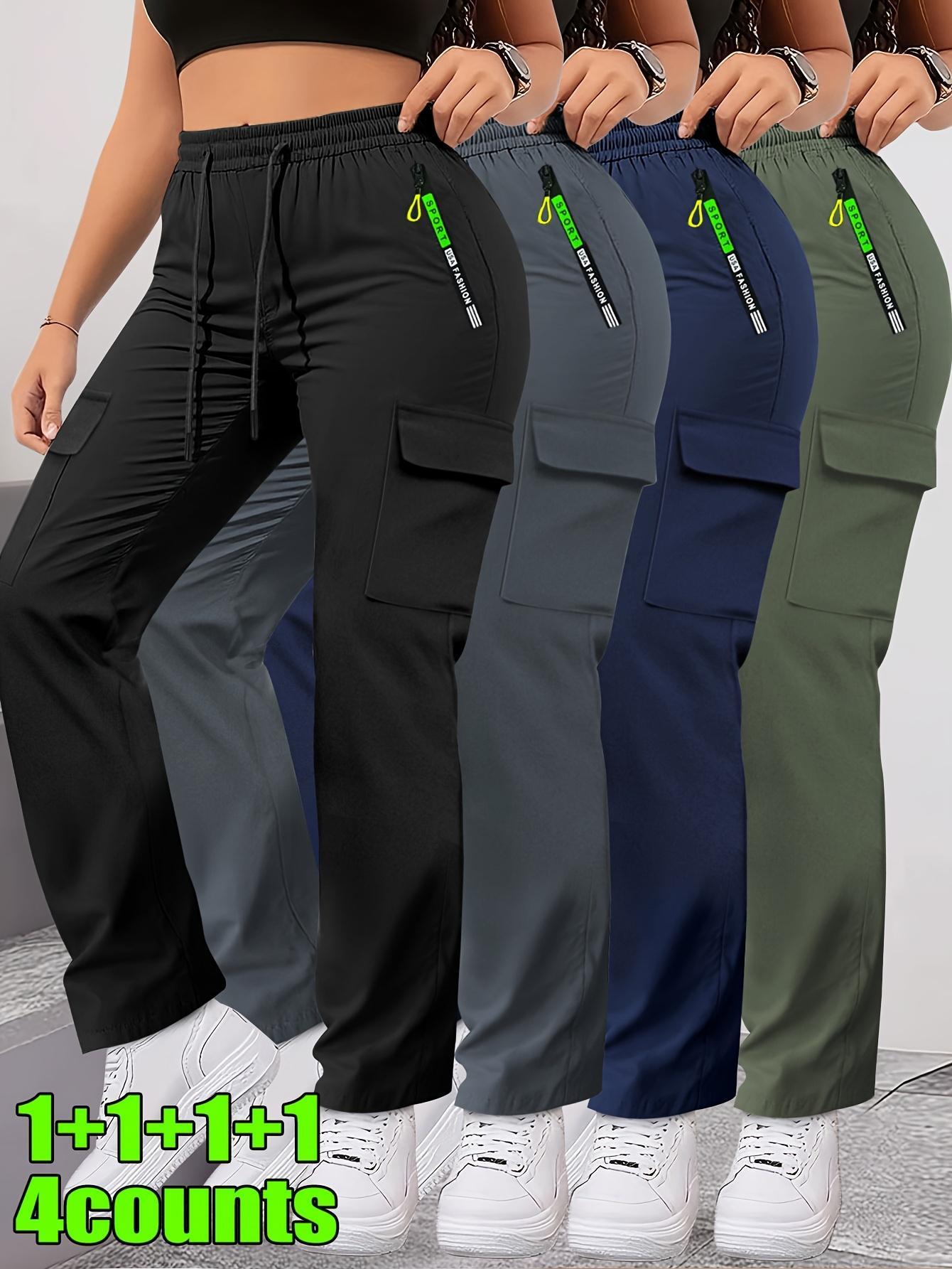 4pcs Women's Zipper Pocket Cargo Pants, Women's Elastic Waist Hiking Trousers, Women's Multi-Pocket Casual Cargo Pants, Women's Lightweight Outdoor Cargo Pants, Women's Plus Size Cargo Pants