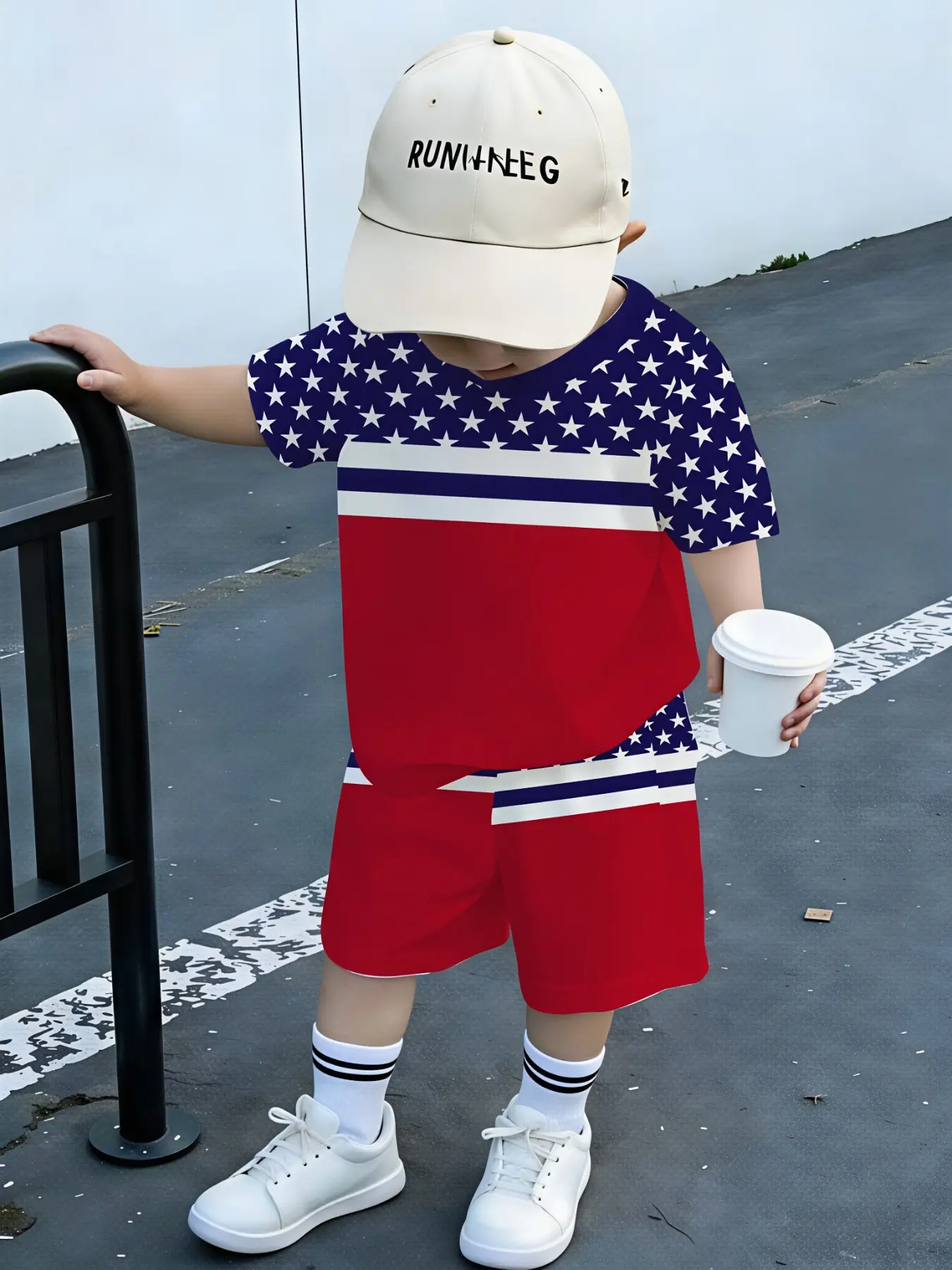 Toddler Boys Navy Star Shoulder Red Block Stripe 2 Piece Shorts Set, Minimal Clean Patriotic Short Sleeve Kids Independence Day Outfit, Casual Holiday Matching Tracksuit
