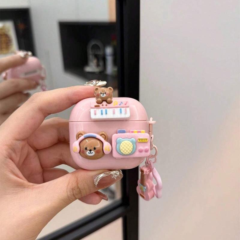 Cute Cartoon Music Bear Earphone Case for Airpods 1/ 2/ 3/ 4/ Pro/ Pro 2 - Anti-Drop Protective Cover with Music Pendant, Girls' Favorite Kawaii Accessory for Airpods Users