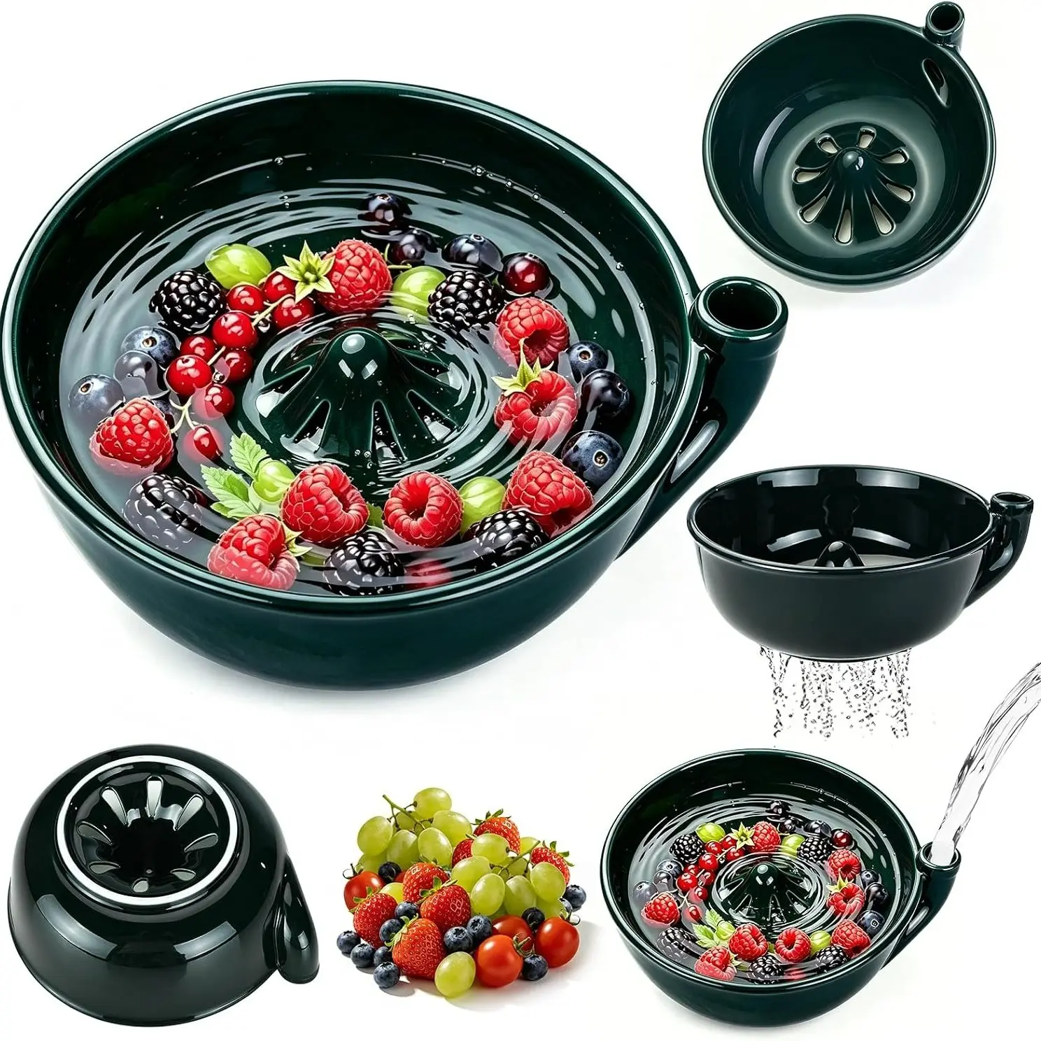 Pla Berry Vortex Bowl, Automatic Rotation Washing System, Fruit Drainage Kitchen Sieve, Eco-Friendly Design, Durable Material
