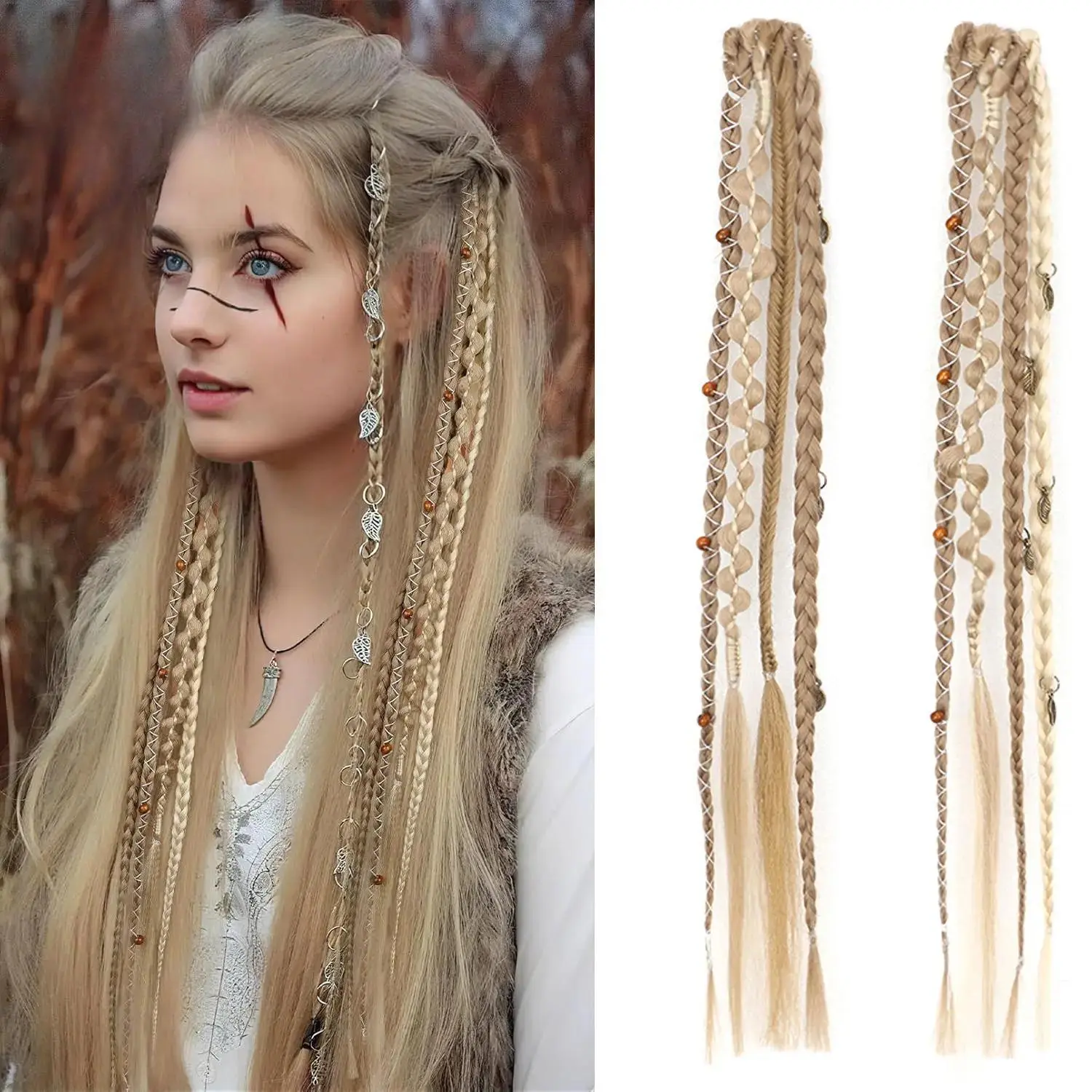 2-Pcs Boho Braided Twists Synthetic Fiber Hair Extensions - Viking-Desert Style Boho Dreadlocks Hairpieces with Maillard Color Charms, Twillies & Metal Accents for Cosplayers, Bag Accessories, Hair Braids