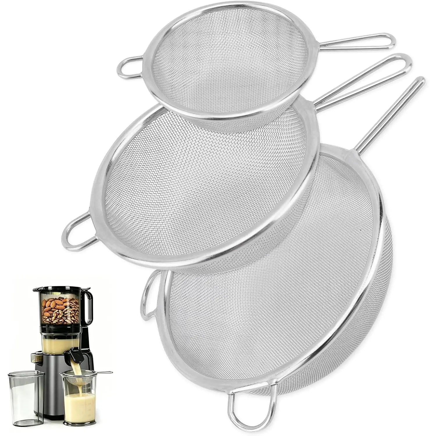 304 Stainless Steel Hanging Micro-Perforated Kitchen Utensil Juice Strainer for J2 Juicer Spout, Universal Compatibility, 3 Sizes, Hands-Free Pulp Removal, Dishwasher Safe