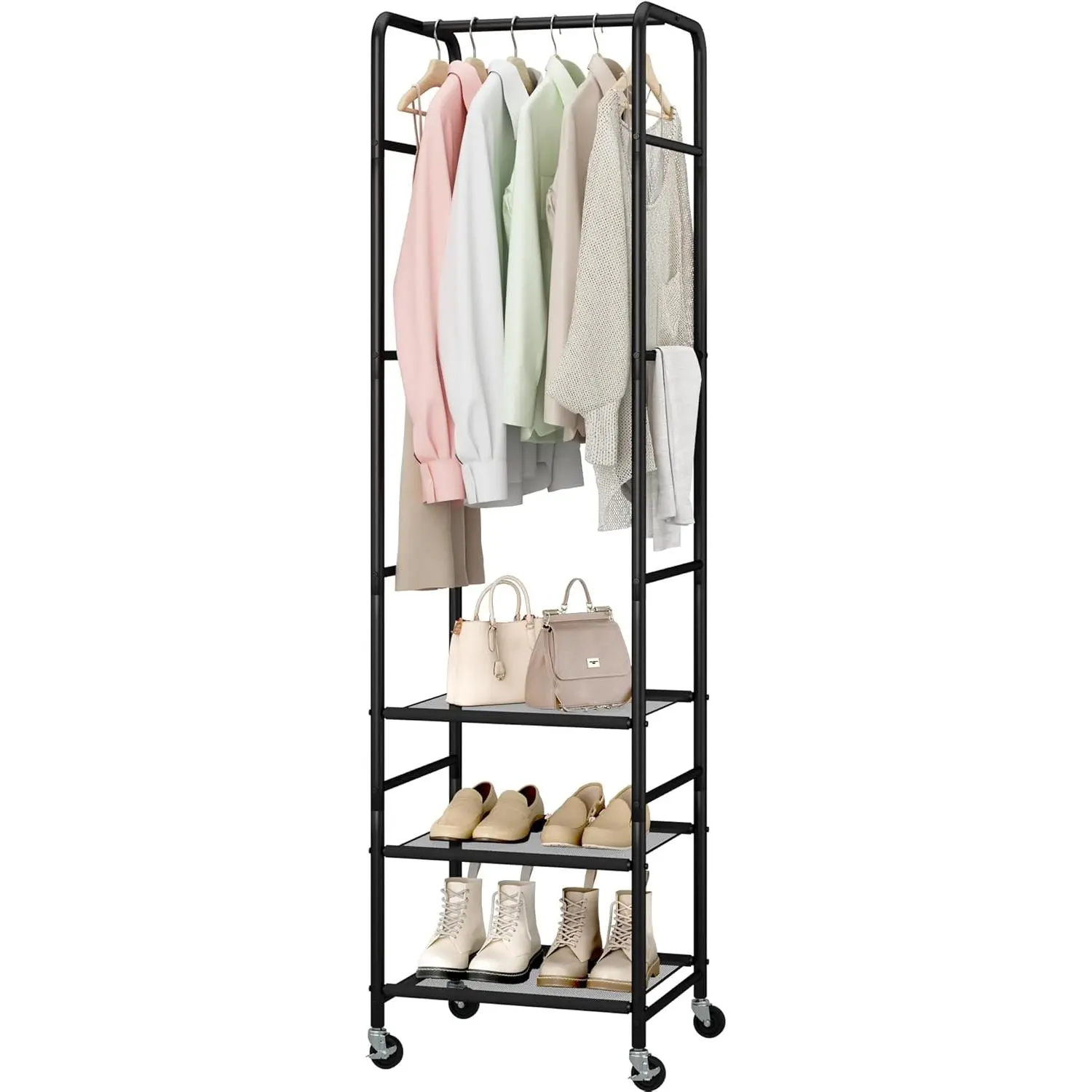Small Clothes Rack with 3 Shelves, 72 Inches Tall Coat Garment Rack with Wheels, Display Clothing Racks for Hanging Clothes for Entryway, Hallway, Bedroom, Office, Living Room, Black