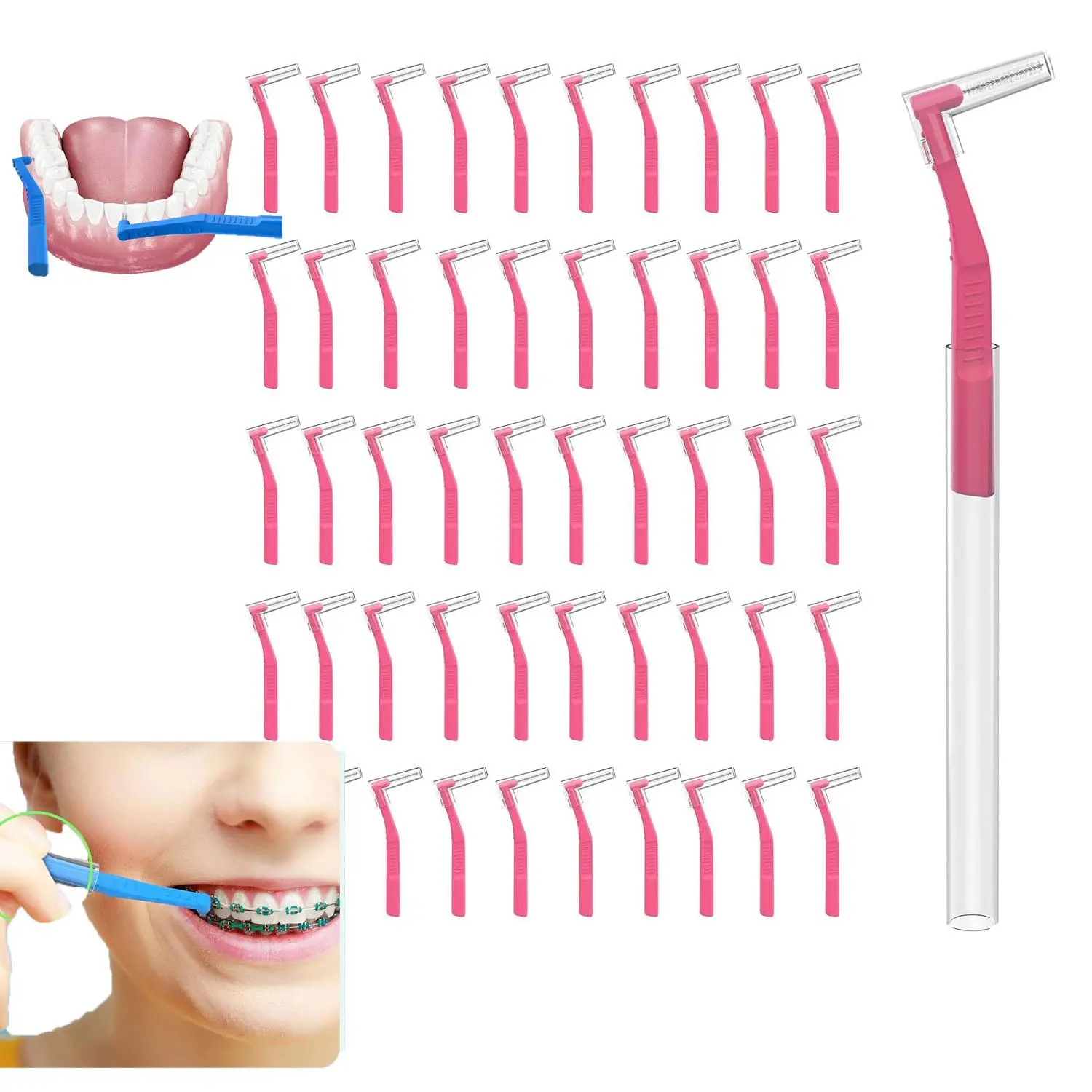 50 Count 0.6mm Extra Tight L-Shaped Angle Interdental Brushes, Reusable Interproximal Floss Brush with Extended Handle, Professional Deep Cleaning Tools for Braces Plaque Removal & Dental Oral Health Care