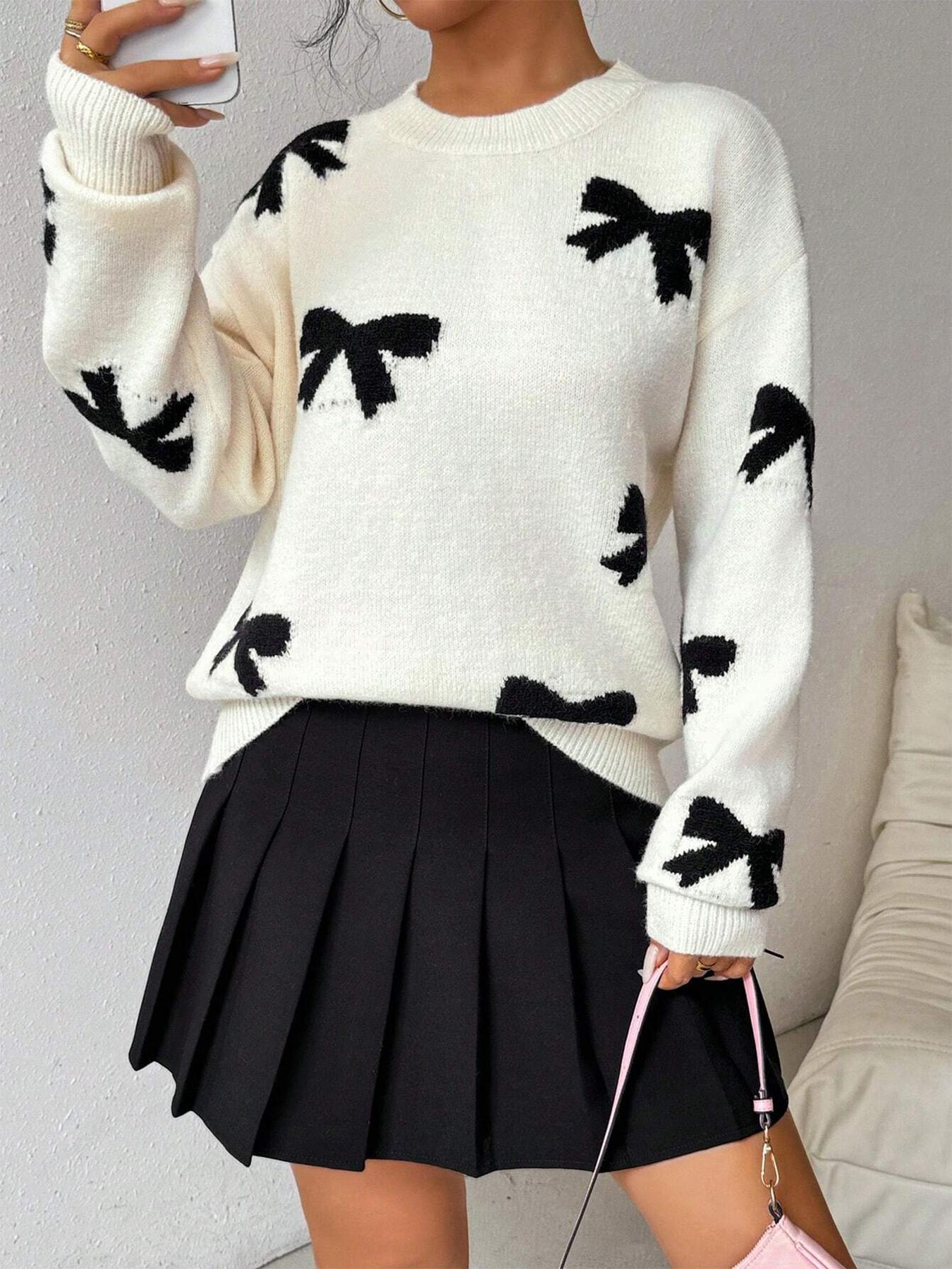 Women's Fashion Bow Print Casual Loose Knit Sweater, New Long Sleeve Pullover for Autumn and Winter, Knitwear, Tops