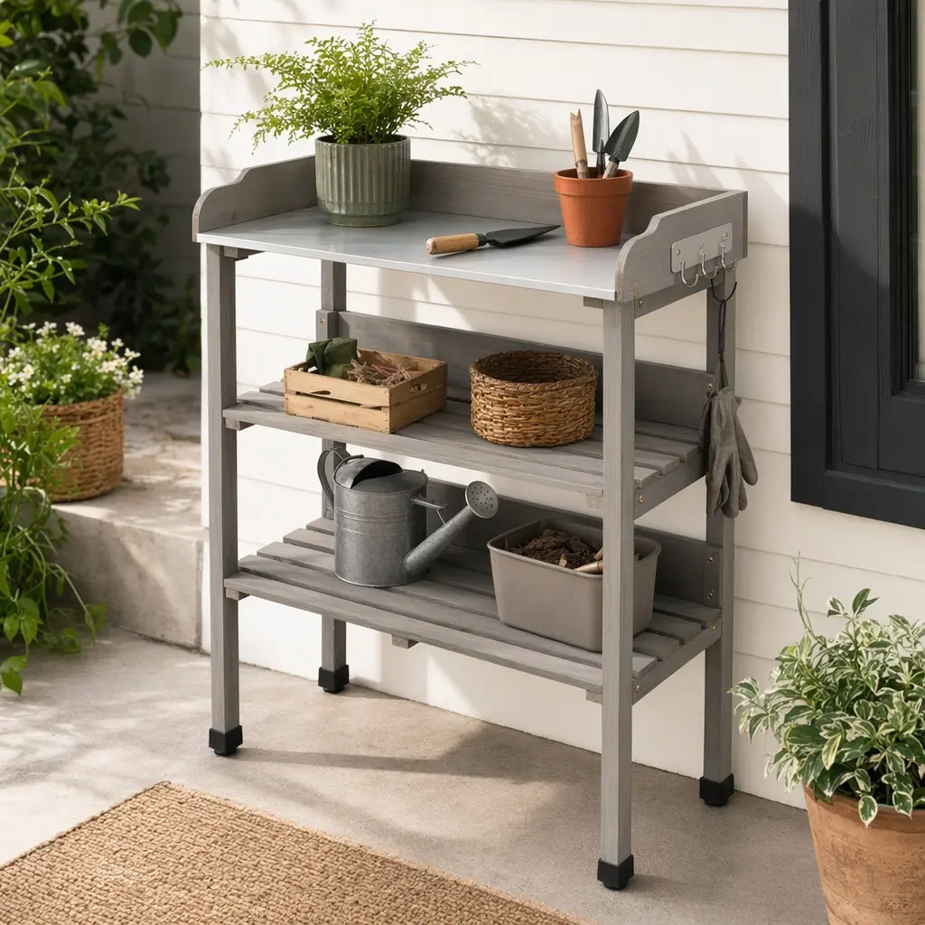 30" x 14.5" x 35.5" Potting Table with Metal Tabletop, 3-Tier Outdoor Work Bench, Solid Wood, Hooks, Adjustable Feet, Easy Assembly, Garden Garage Workstation