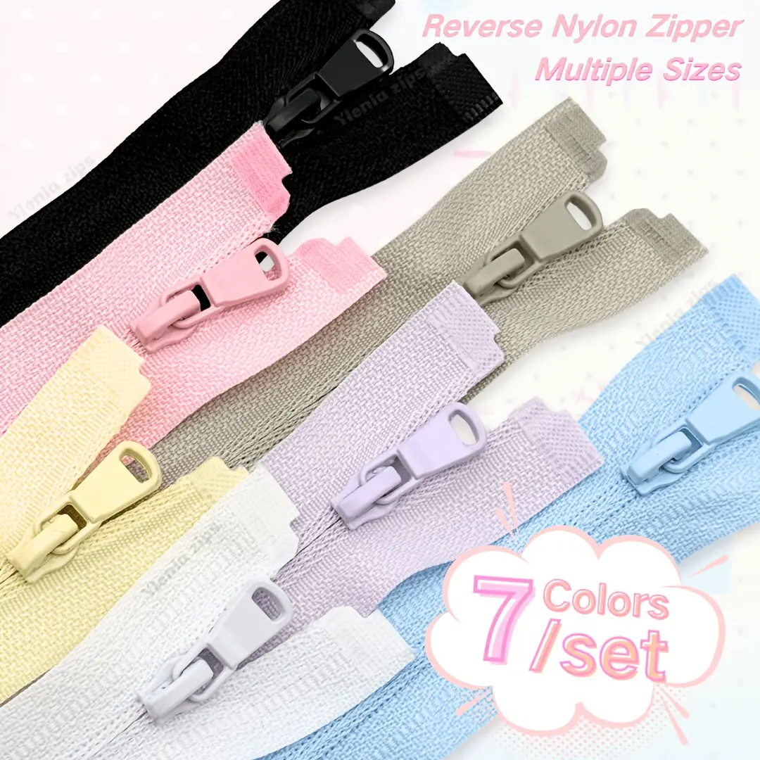 7pcs mixed-color reverse zippers, size 3 open-end reverse zippers, available in multiple sizes, suitable for bags, home textiles, DIY wallets, sewing replacements and more