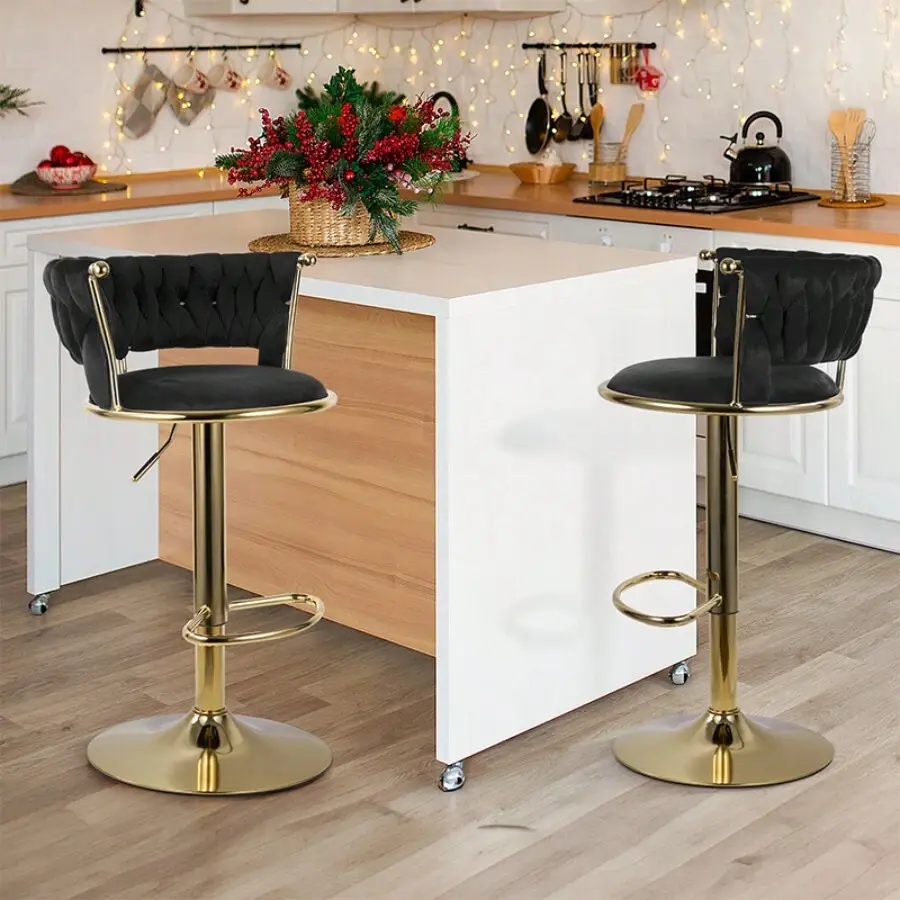 Modern Swivel Woven Velvet Bar Stools Set Of 2, Stool, 360° Swivel Adjustable Height Bar Stool With Backs Gold Metal Tall Bar Stools Counter Height Island Pub