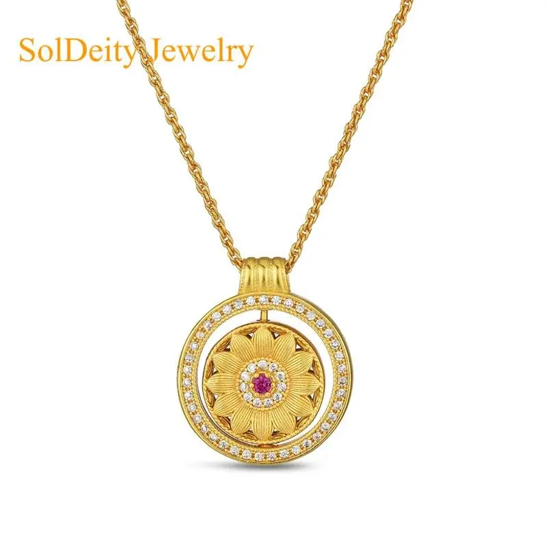 Round Rotate Sunflower Necklace Sterling Silver Zircon Gemstone Spinning Anxiety Pendant for Anti-Stress, You Are My Sunshine Fidget Rotatable Jewelry Birthday Christmas Gifts for Women Wife Her
