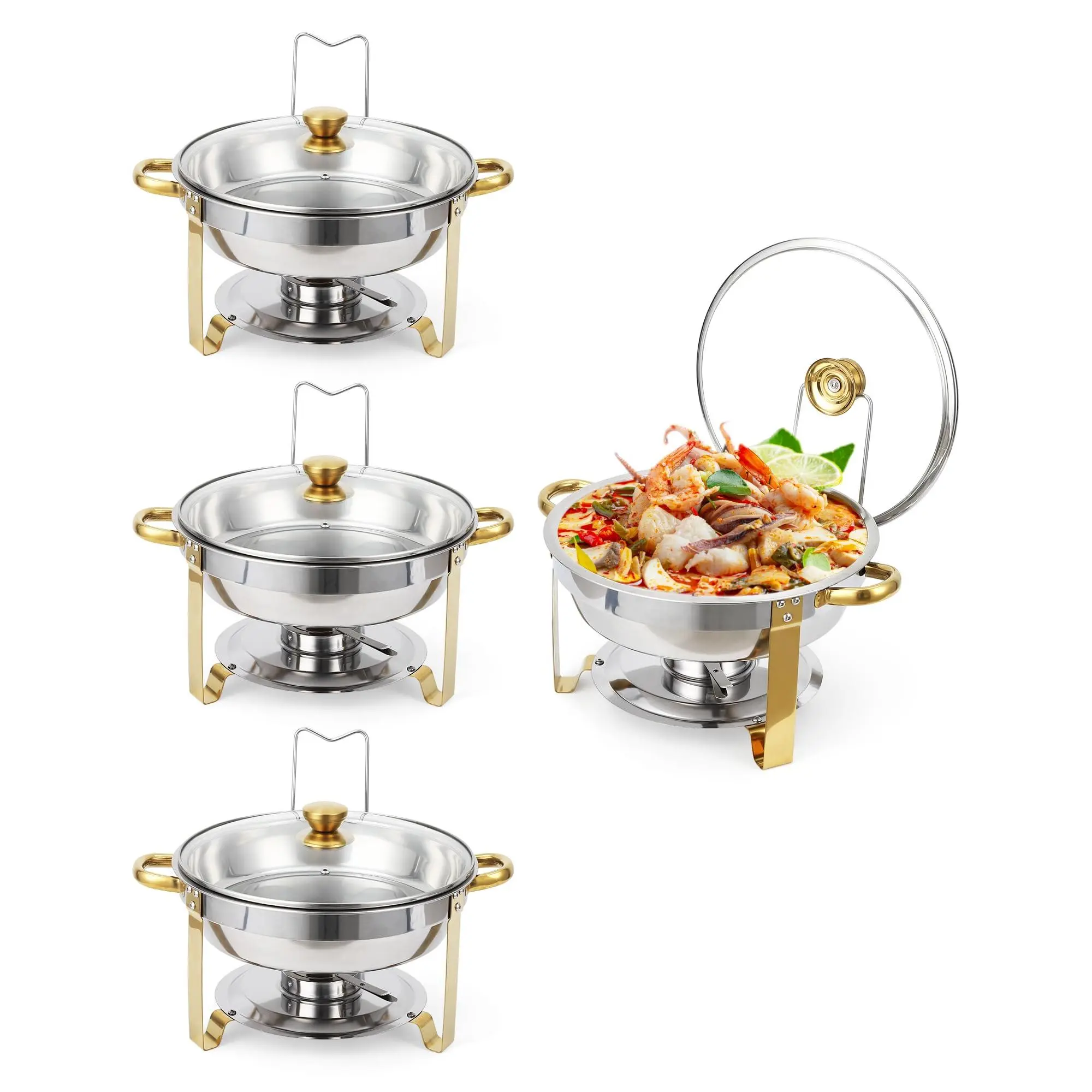 Garvee Set 4 Round Buffet Food Warmers in Stainless Steel with Glass Lid – Professional Heating for Parties, Home, Catering – 5/6L – Trays Included – Four Pieces with Gold Rim