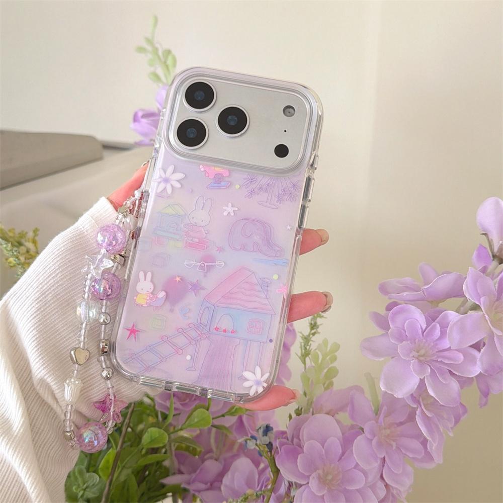 Cute Rabbit phone case With Chain For iPhone 17 16 Pro 13 14 15 Pro Max Korean INS fashion cartoon protective cover For 17 Pro