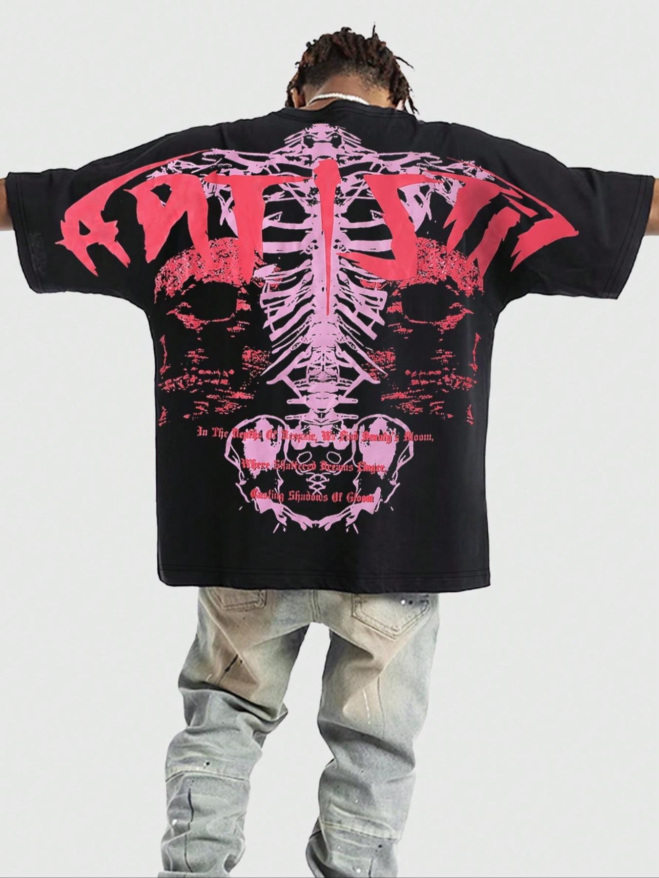 Men's Regular Fit Skeleton & Letter Print Round Neck Tee, Casual Short Sleeve Crew Neck T-Shirt for Summer, Fashion Men's Top for Daily Wear, Tropical