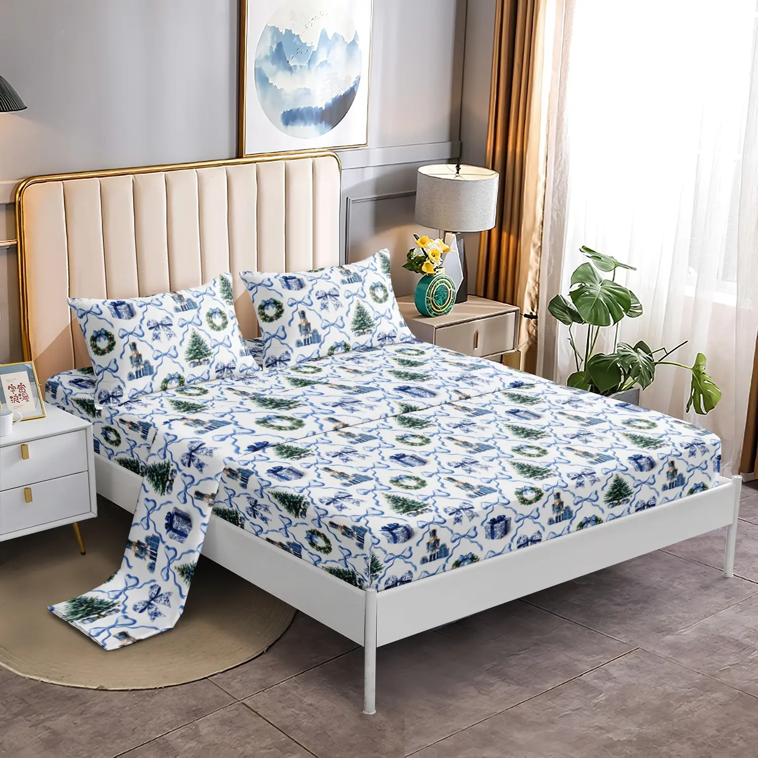 4Pcs Fresh Aesthetic Christmas Print Bed Sheet Set (1 Flat Sheet+1 Fitted Sheet+2 Pillowcases), Nutcracker, Xmas Tree & Wreath Pattern, Smooth Comfortable Bedding for Festive Room Styling Machine Washable