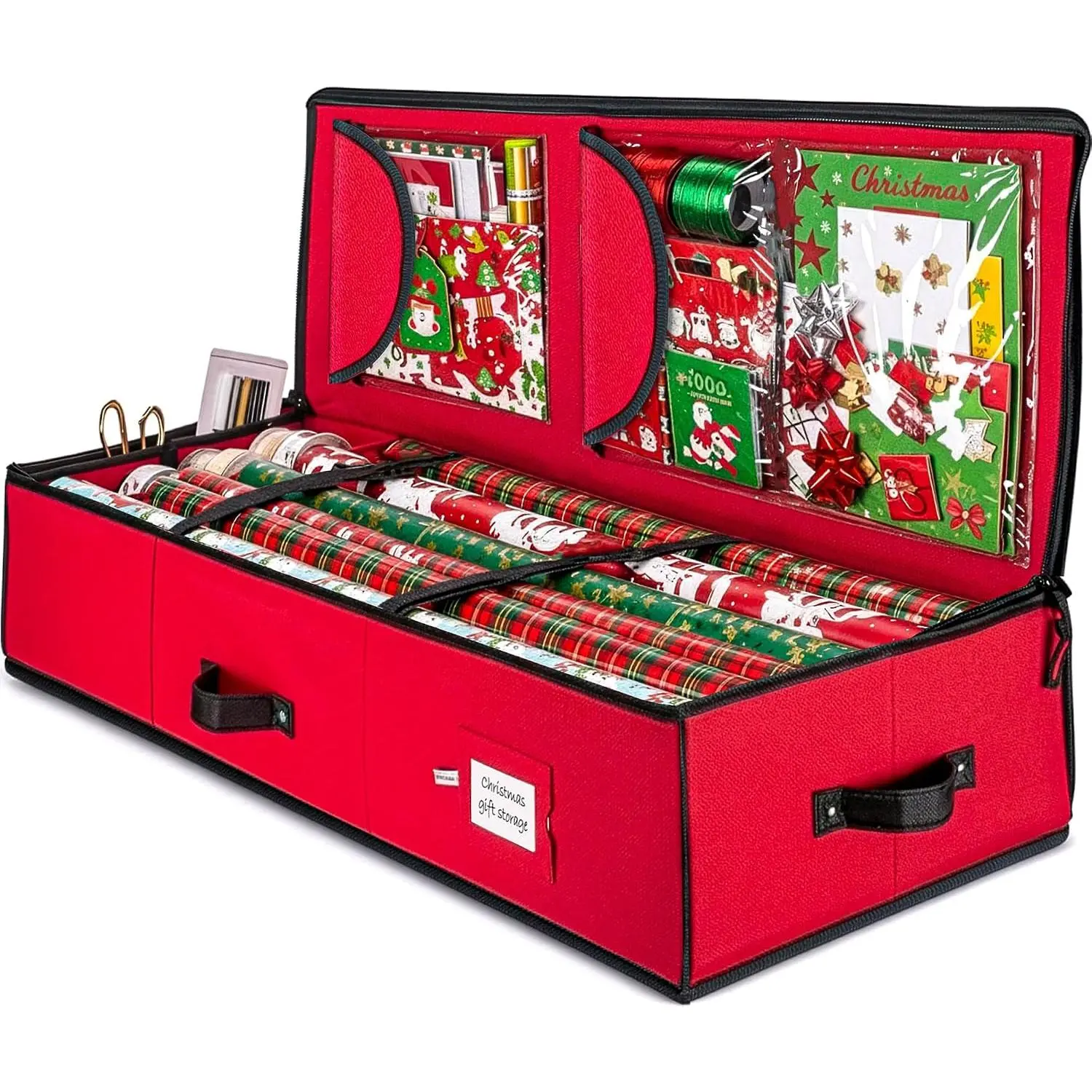 Wrapping Paper Storage,  Wrapping Organizer Storage, Red/Black | 600D Oxford, 40 in  wrap storage, christmas wrapping paper storage, fits 24 rolls, pockets for bows, tags and ribbons