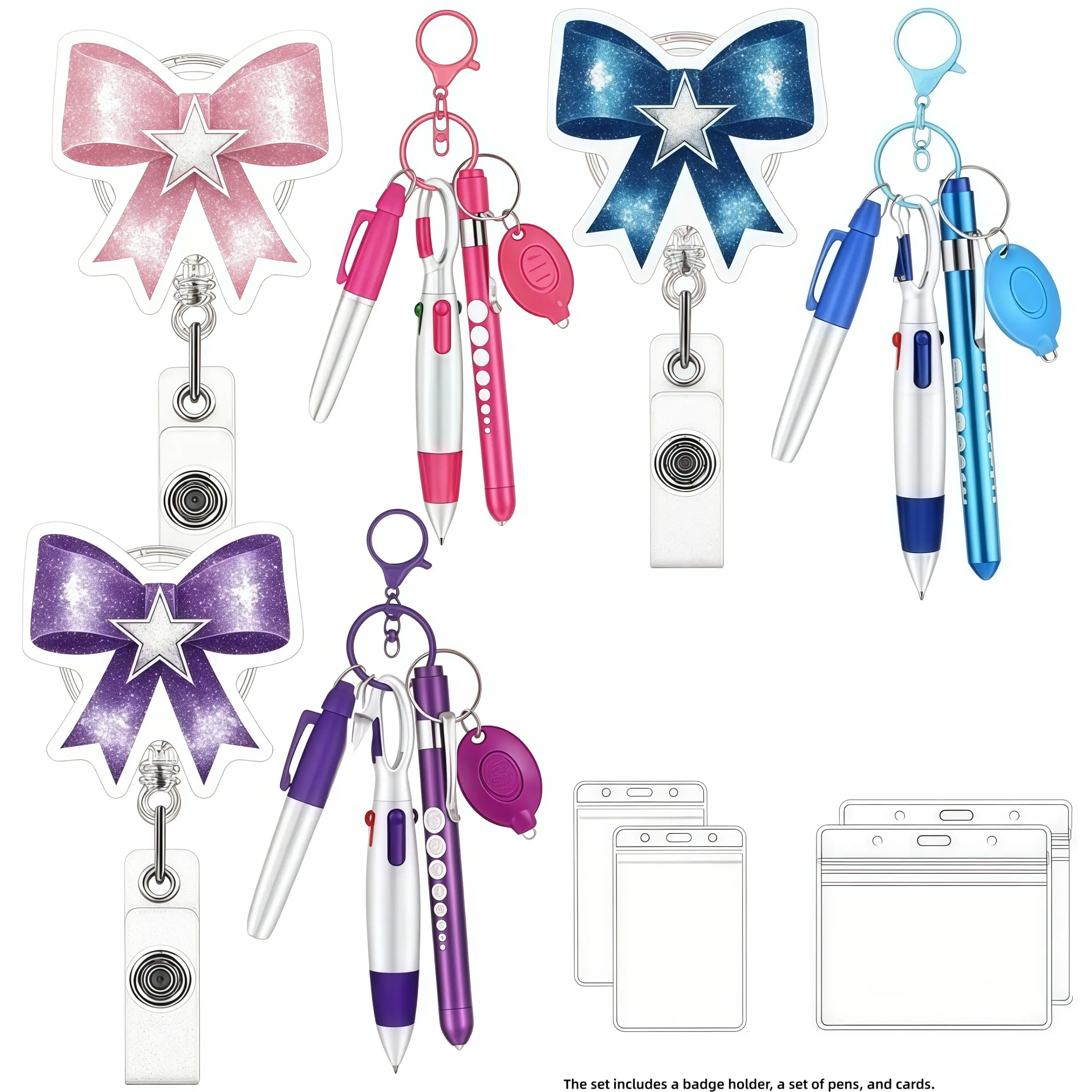Star Bow Nurse Badge Rollerset with Pen, Adjustable ID Badge Holder with Clip, Keychain Pen and ID Card Clip, Ideal for Nurses and Doctors