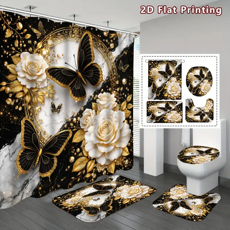 4-Piece Set, Luxury Shower Curtain Set for Bathroom, Black Gold White Butterfly Flower Marble Textured Bathroom Decor, Add Accessories, U Shape, Toilet Cover, Shower Curtain Included Hook, Home Decor, Bathroom Enhancement