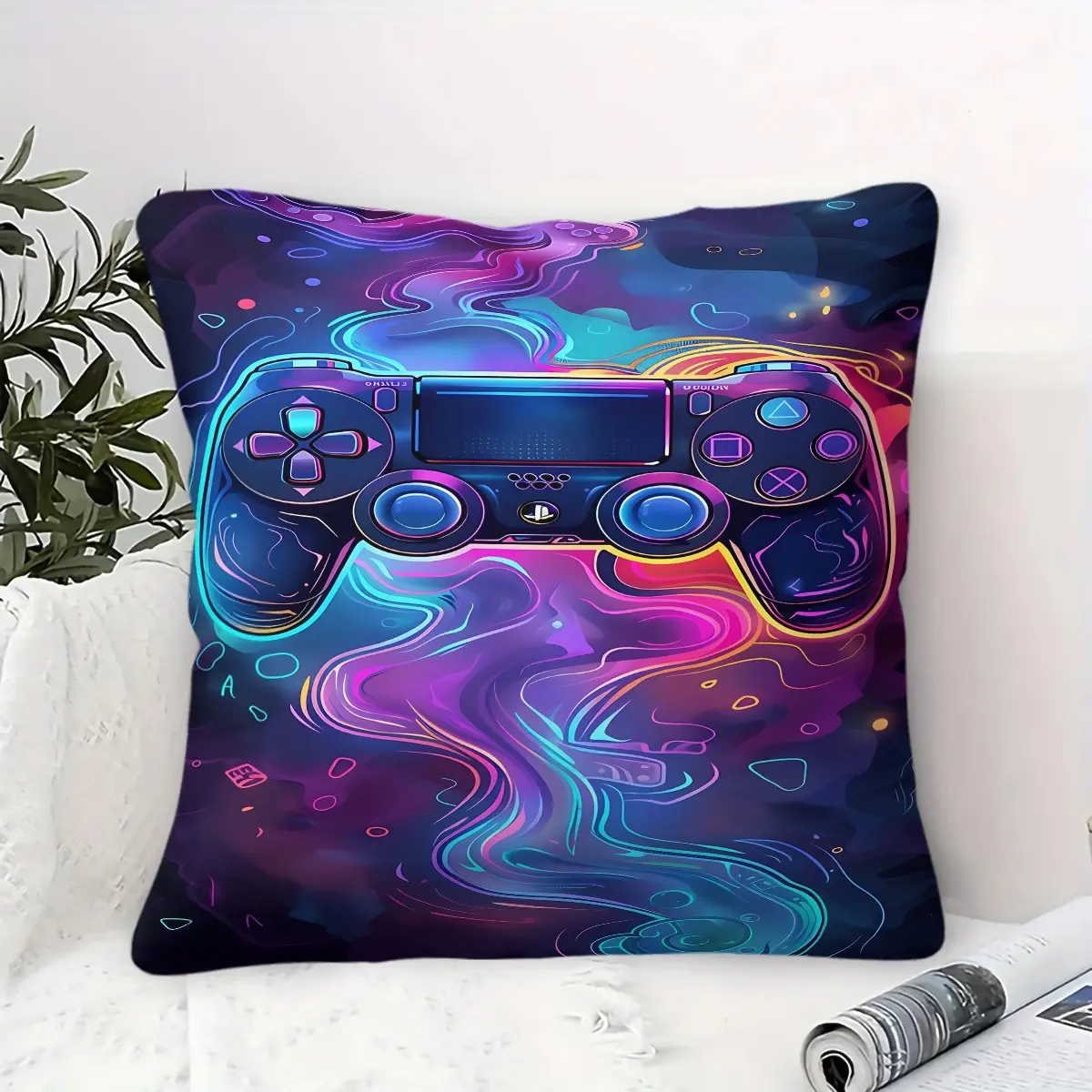 Neon Cyberpunk Game Controller Throw Pillow,Glowing Psychedelic Swirl Print Decorative Cushion,Cool Gamer Accent Pillow,Includes Pillow Core,for Gamer Room Teen Bedroom Couch Dorm Decor,Perfect Gift for Video Game Lovers
