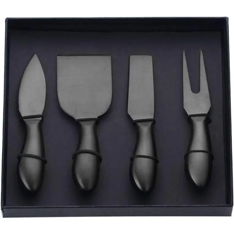 Black 4 Piece Cheese Knife Set Stainless Steel Mini Cheese knives Charcuterie Board Accessories Cheese Spreader Knife with Present Box for Charcuterie, Present-Ready