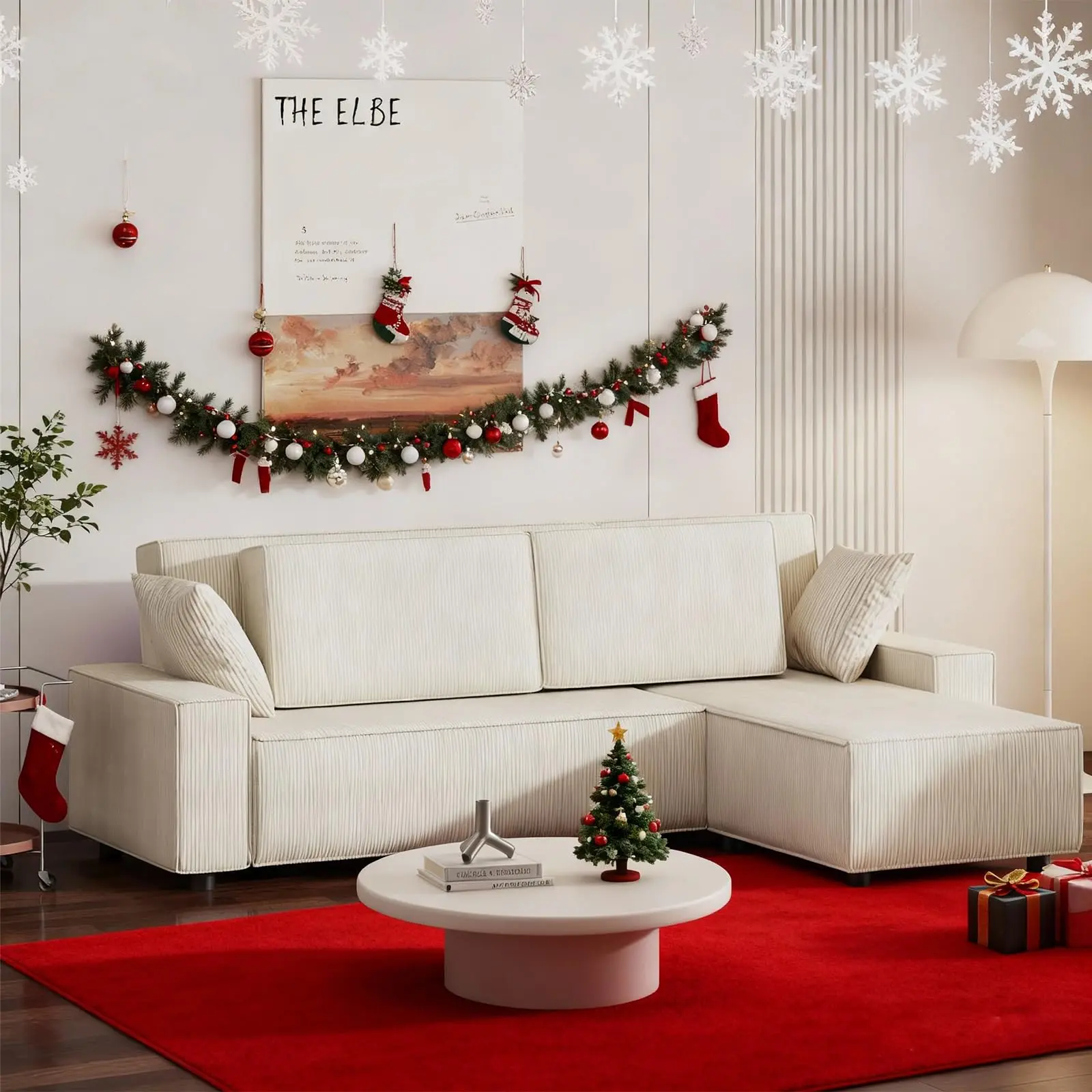 Garvee Striped Corduroy 96 Inch Extra Large Sectional Sofa, L Shaped Contemporary Couch with Deep Seating, Comfortable Sofa for Living Room, Apartment, Mall, Corduroy Beige