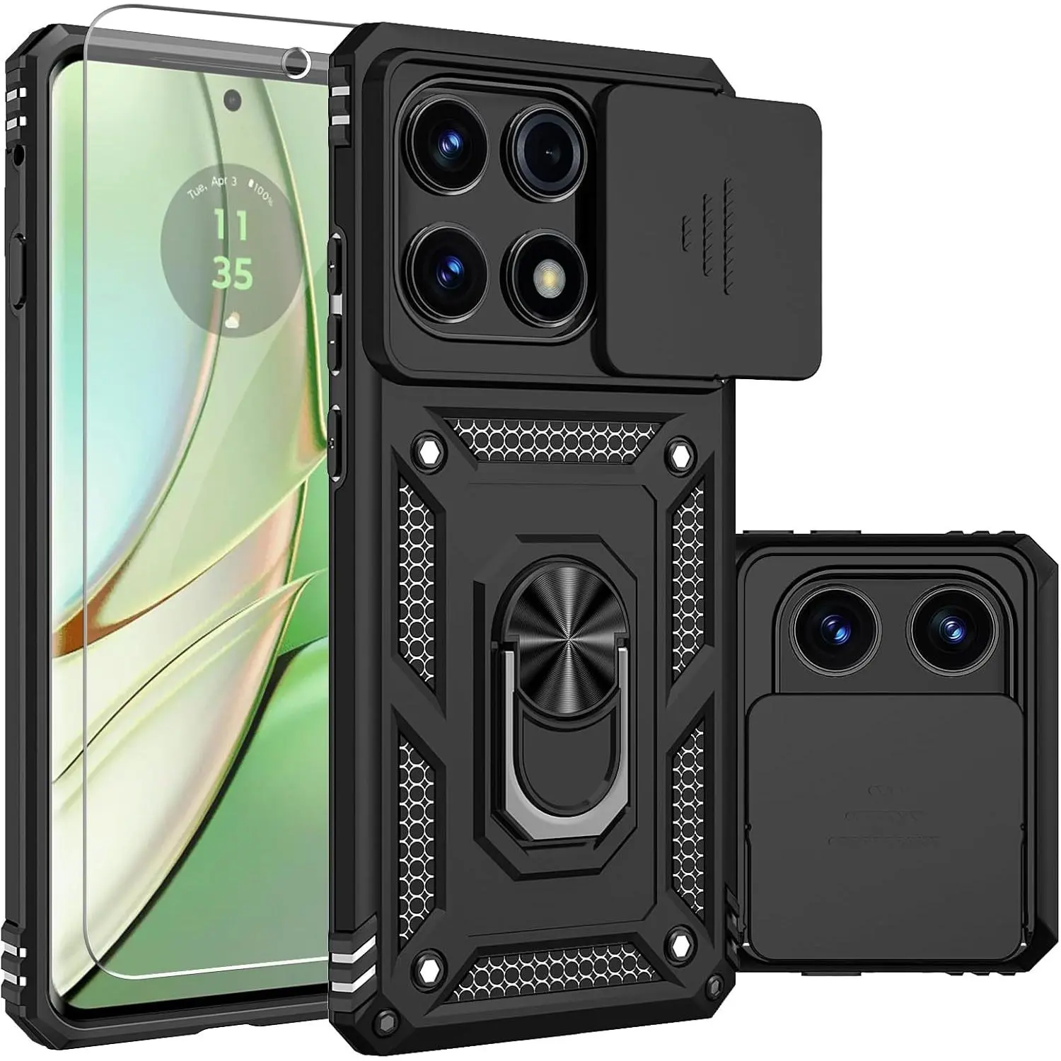 Motorola Edge 2025 Smartphone Casing - Polycarbonate-Metal Heavy Duty Shockproof Full Body Accessory with Built-in Slide Camera Lens Cover, Finger Ring Holder Kickstand, Screen Protector, Magnetic Mount, Black
