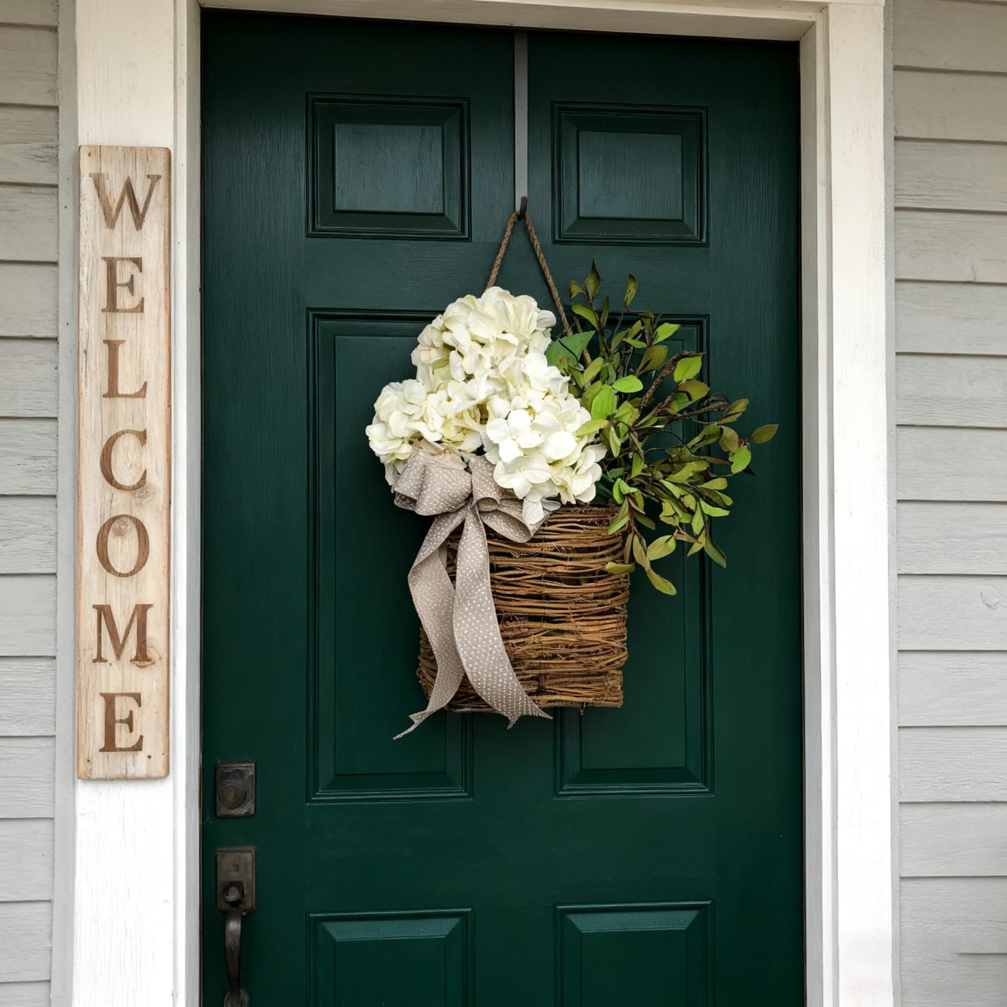 14" Cream Hydrangea Door Basket Wreath - Modern Farmhouse Floral Hanger for Front Door, Porch & Spring/Summer Aesthetic Home Decor Artificial Flower Bouquet Artificial Plants