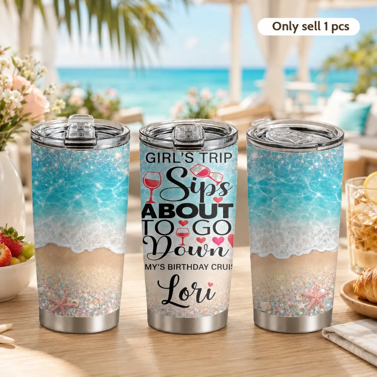 Beach Vacation 20oz Cold Cup Tumbler with Straw & 2 Lids, Tropical Ocean Art Stainless Steel Travel Mug, Personalized Girls Trip Cruise Cup, Double Wall Vacuum Insulated Coffee Tumbler, Leakproof Cup Holder Friendly Drinkware for Travel & Office