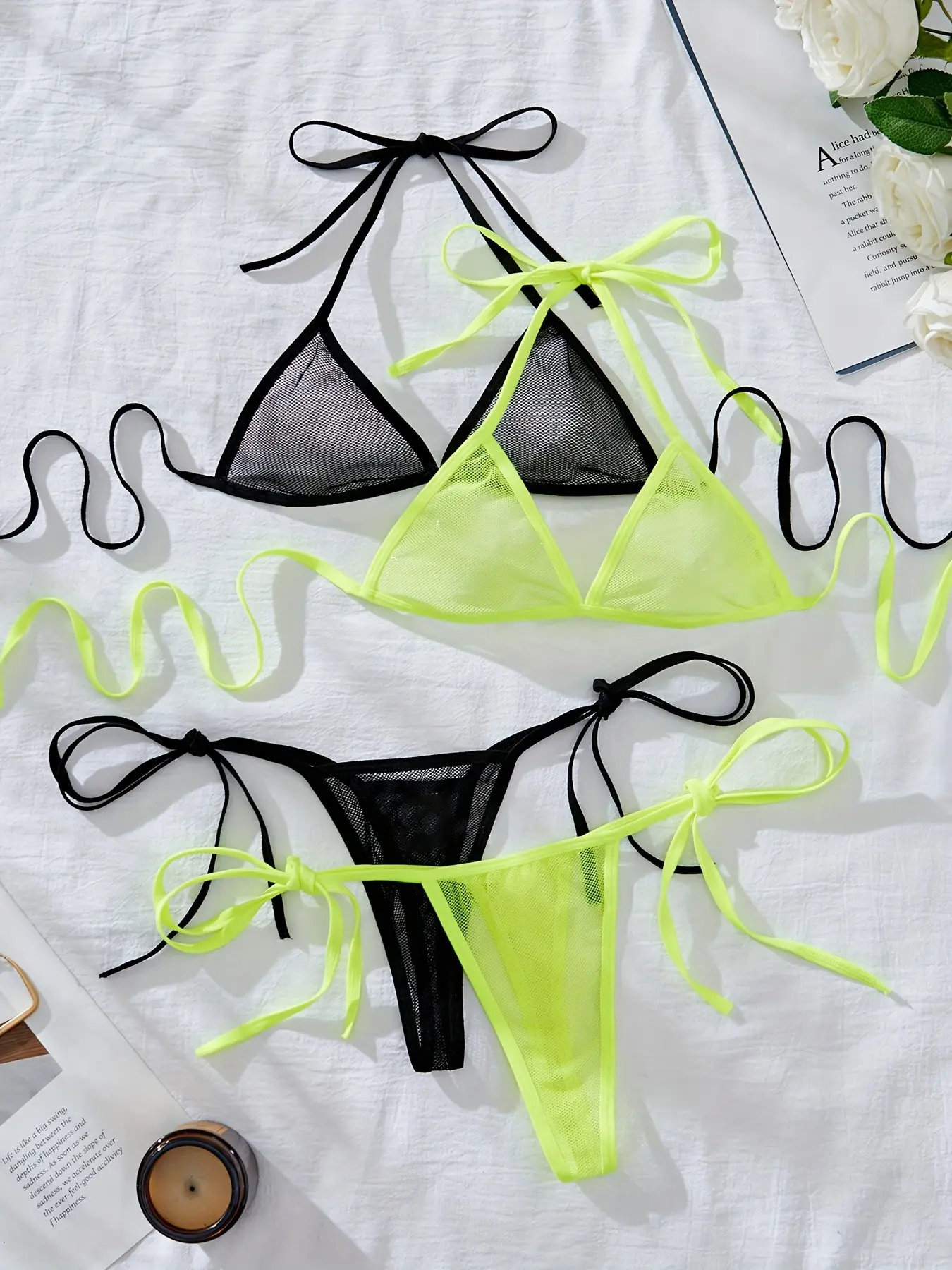 Women's Sexy Sheer Mesh Lingerie Set, 4-Piece Set, Halter Neck Triangle Bras & Thongs, Underwear Set, Elegant and Chic Design, Perfect for Everyday Wear