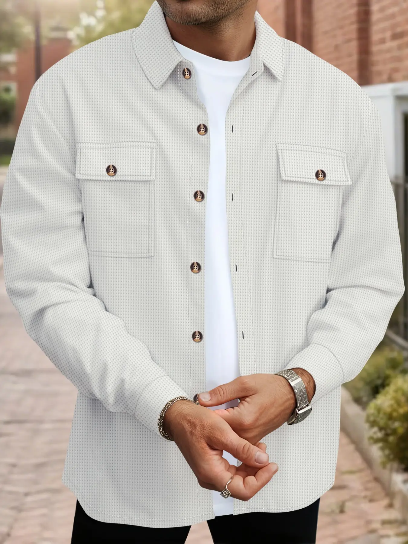 Men's Waffle Textured Long Sleeve Button Down Shirt, Lapel Collar Chest Pockets Casual Overshirt Lightweight Outdoor Work Shacket