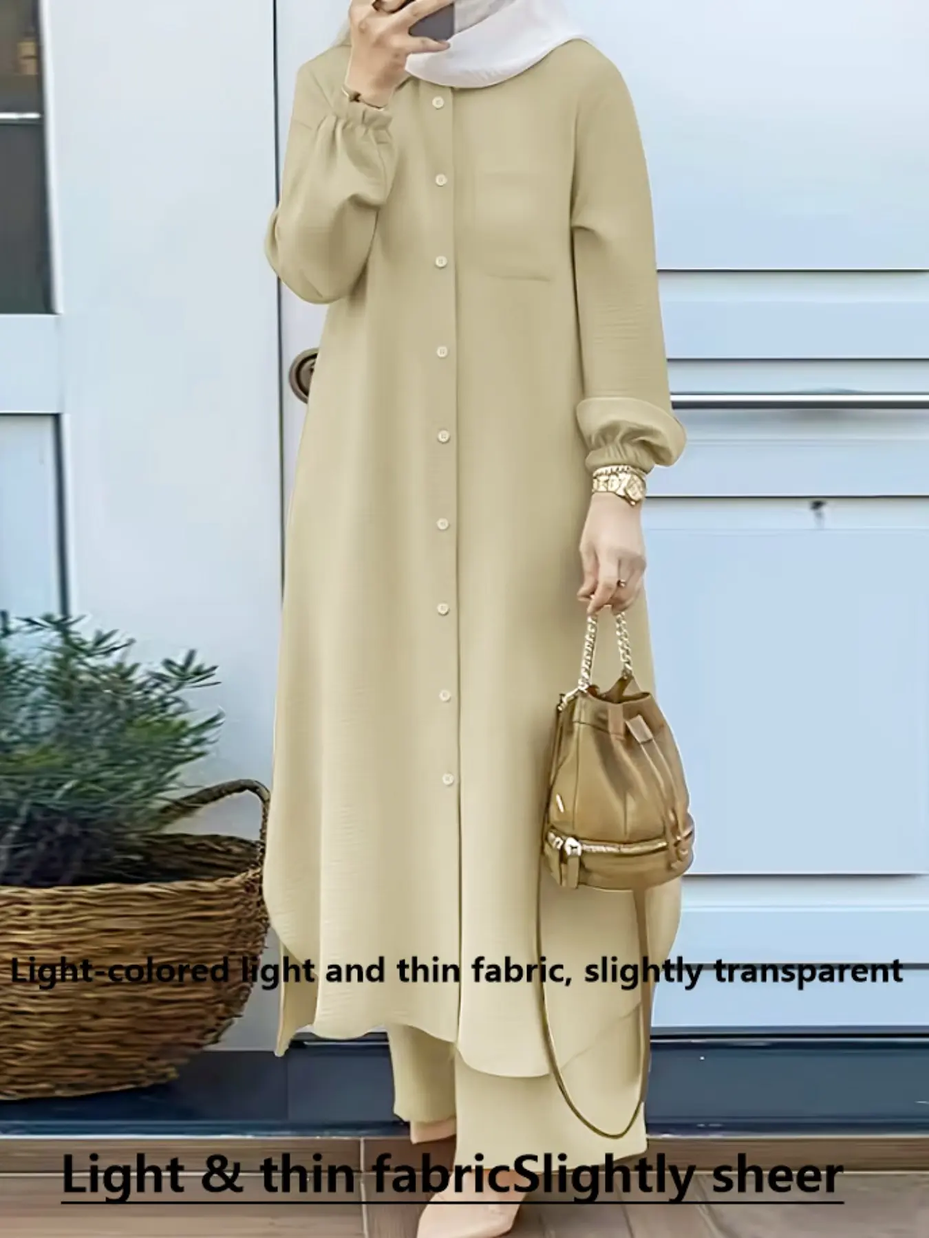 2pcs Women's Turndown Long Tops Shirt Dress, Wide Leg Pants Trousers Islamic Modest Clothing Set, Stylish Casual, Perfect for Daily Wear